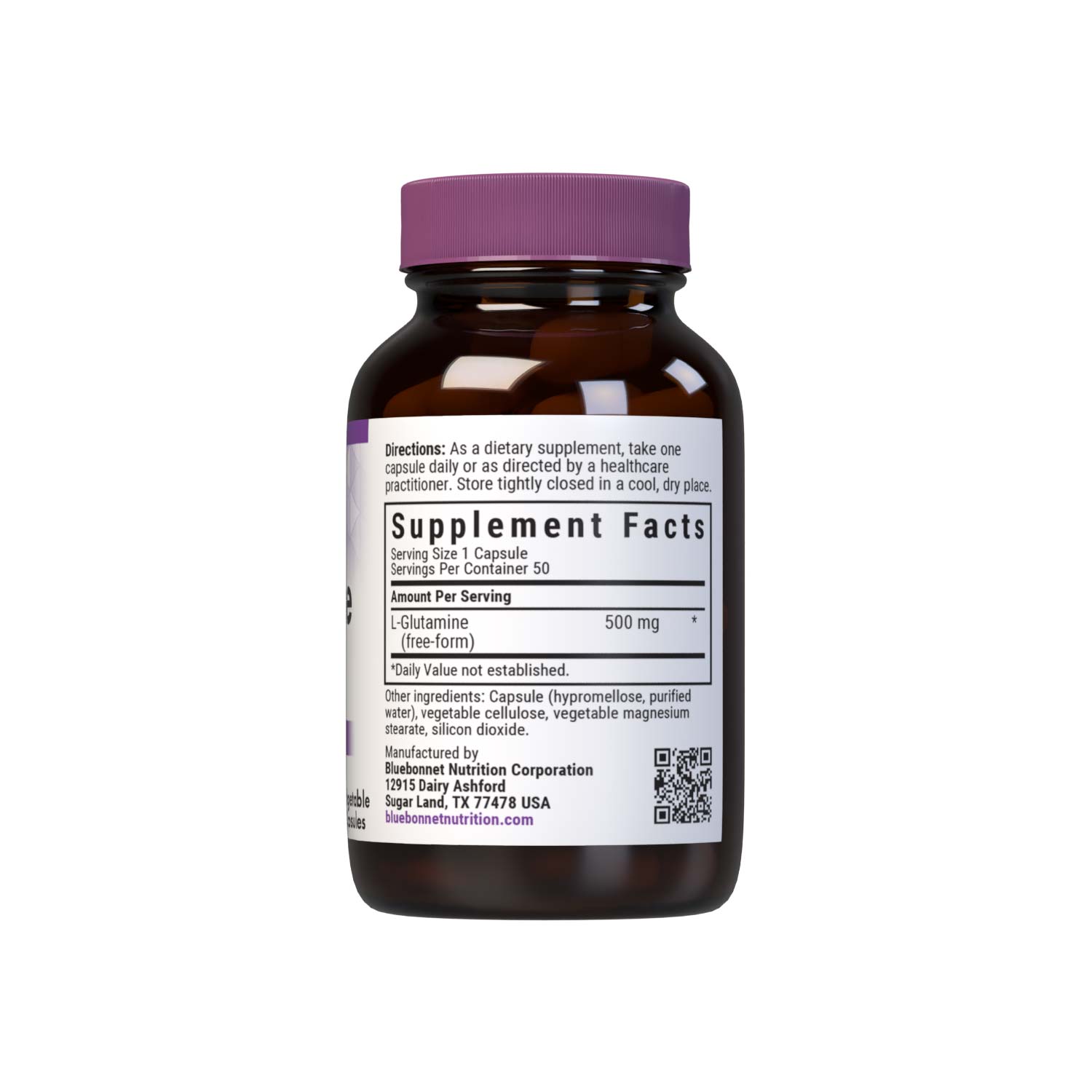 Bluebonnet’s L-Glutamine 500 mg 50 vegetable capsules are formulated with the free-form amino acid L-glutamine in its crystalline form from Ajinomoto to help support immune function. supplement facts panel. #size_50 count