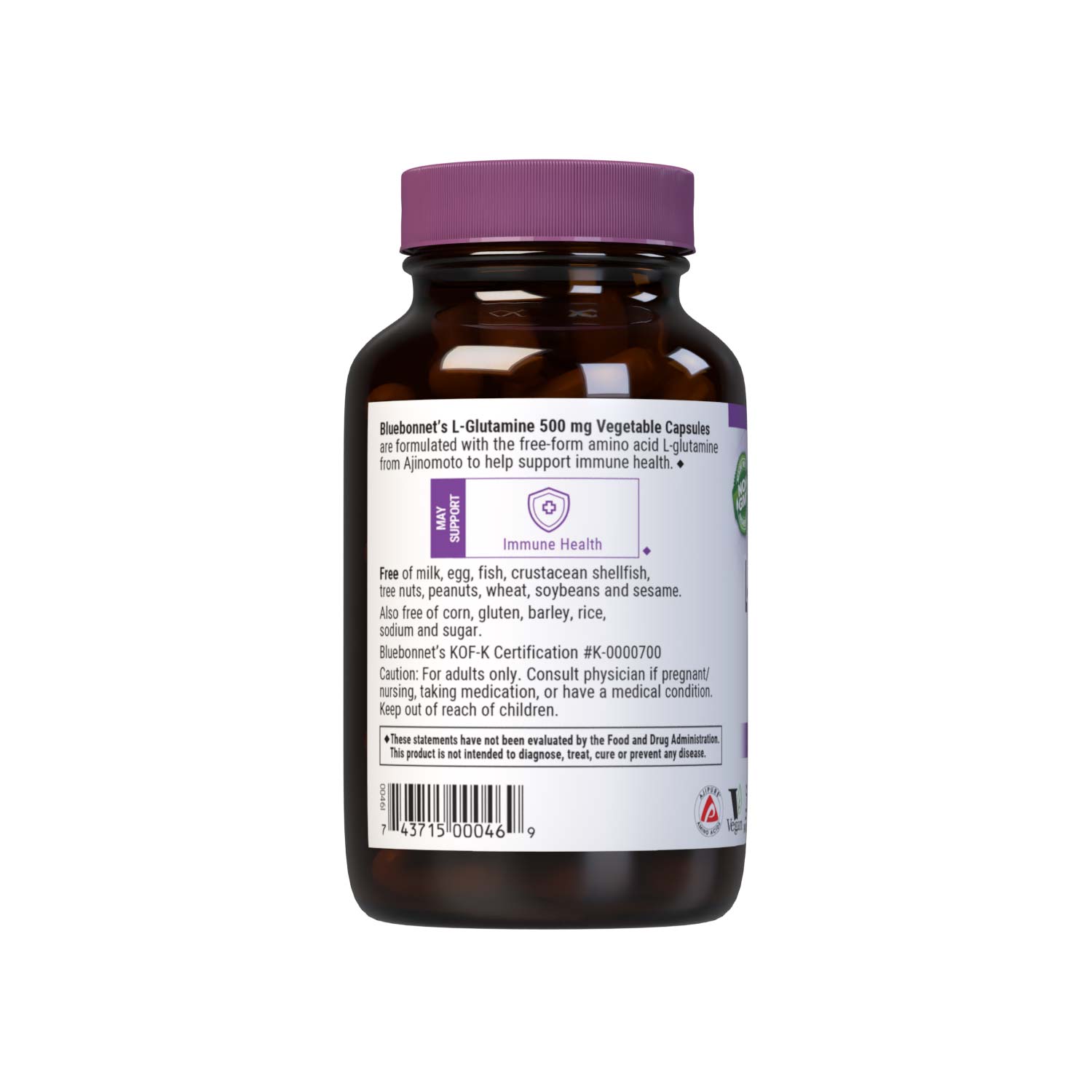Bluebonnet’s L-Glutamine 500 mg 100 vegetable capsules are formulated with the free-form amino acid L-glutamine in its crystalline form from Ajinomoto to help support immune function. Description panel. #size_100 count