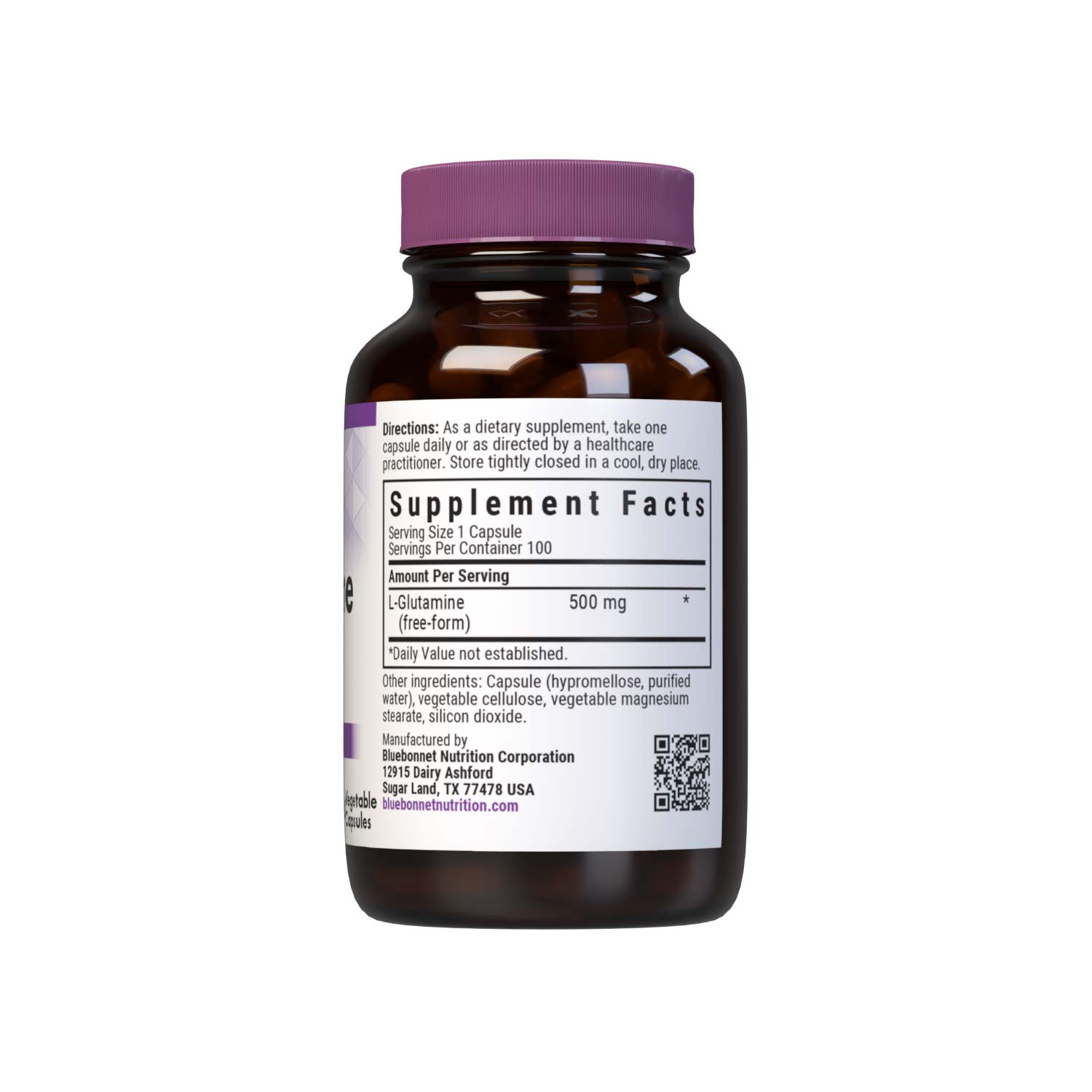 Bluebonnet’s L-Glutamine 500 mg 100 vegetable capsules are formulated with the free-form amino acid L-glutamine in its crystalline form from Ajinomoto to help support immune function. supplement facts panel. #size_100 count