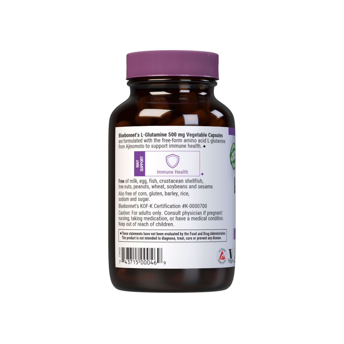 Bluebonnet’s L-Glutamine 500 mg 100 vegetable capsules are formulated with the free-form amino acid L-glutamine in its crystalline form from Ajinomoto to help support immune function. description panel. #size_100 count