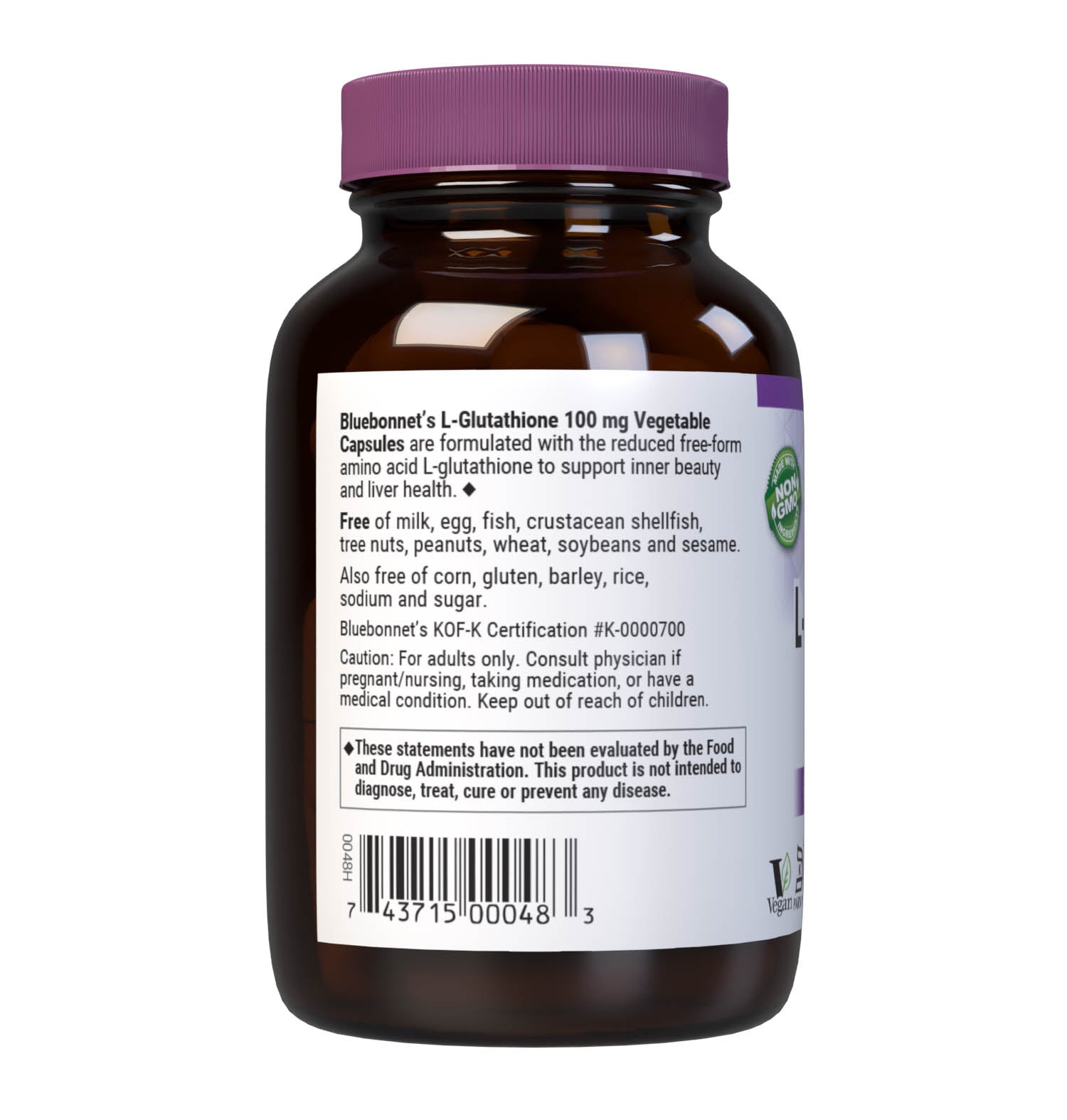 Bluebonnet’s L-Glutathione 100 mg 30 Vegetable Capsules are formulated with the free-form amino acid L-glutathione in its crystalline form. L-Glutathione protects against free-radical formation and supports inner beauty and liver health. Description panel. #size_30 count