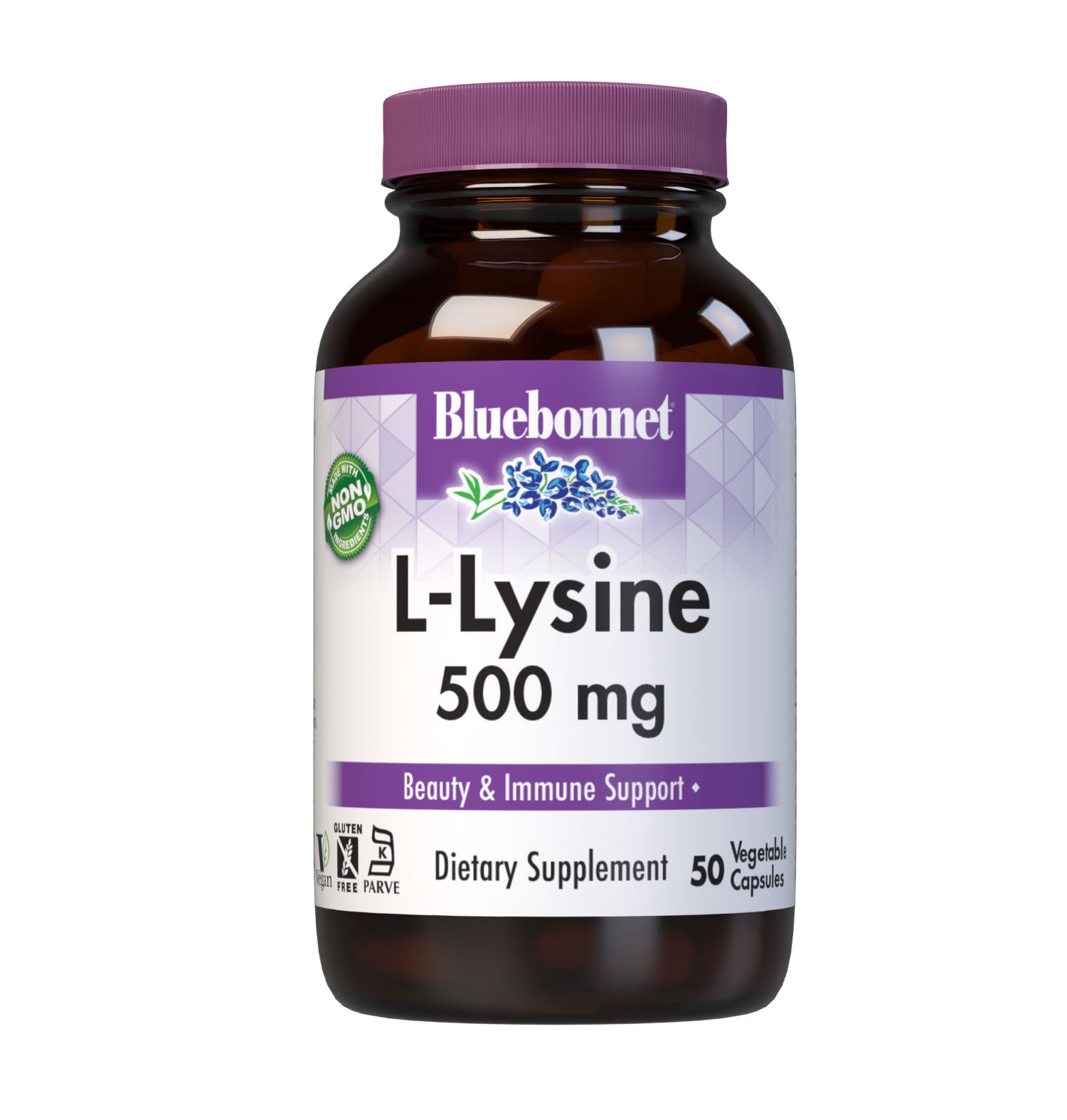 Bluebonnet’s L-Lysine 500 mg 50 vegetable capsules are formulated with the free-form amino acid L-lysine HCI in its crystalline form from Ajinomoto to help support immune function and collagen synthesis. #size_50 count