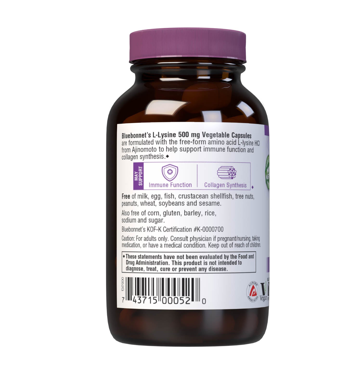 Bluebonnet’s L-Lysine 500 mg 50 vegetable capsules are formulated with the free-form amino acid L-lysine HCI in its crystalline form from Ajinomoto to help support immune function and collagen synthesis. Description panel. #size_50 count