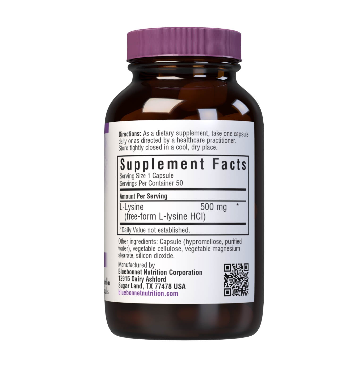 Bluebonnet’s L-Lysine 500 mg 50 vegetable capsules are formulated with the free-form amino acid L-lysine HCI in its crystalline form from Ajinomoto to help support immune function and collagen synthesis. Supplement facts panel. #size_50 count