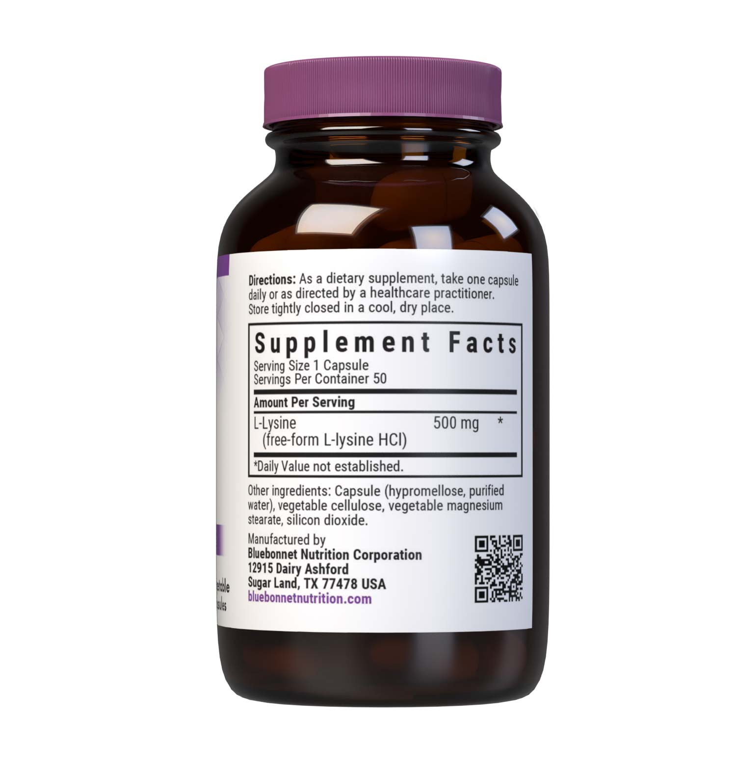 Bluebonnet’s L-Lysine 500 mg 50 vegetable capsules are formulated with the free-form amino acid L-lysine HCI in its crystalline form from Ajinomoto to help support immune function and collagen synthesis. Supplement facts panel. #size_50 count