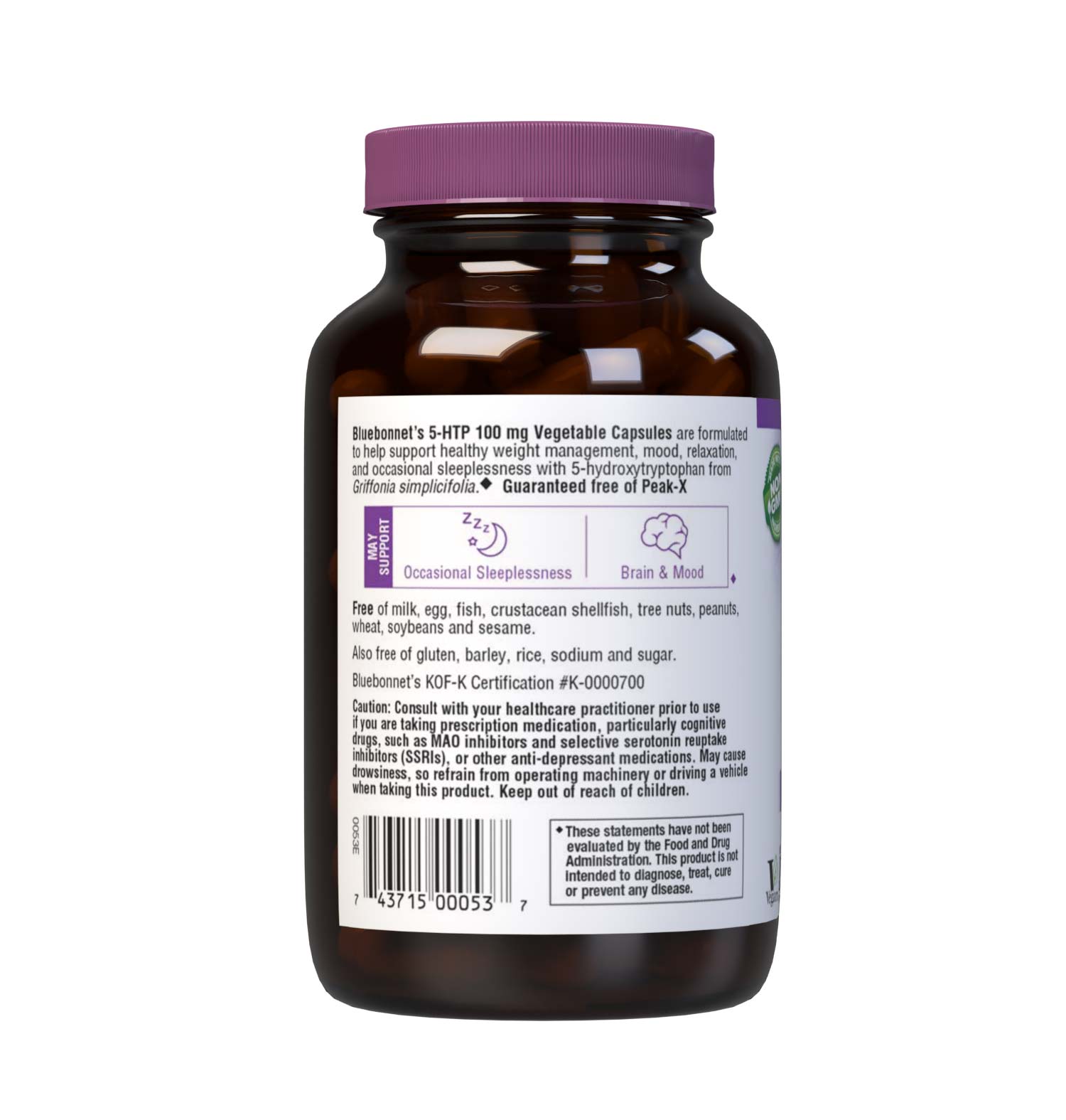 Bluebonnet's 5-HTP 100 mg 120 vegetable Capsules are formulated to help support healthy weight management, mood, relaxation, and occasional sleeplessness with 5-hydroxytryptophan from Griffonia simplicifolia. Guaranteed free of Peak-X. Description panel. #size_120 count