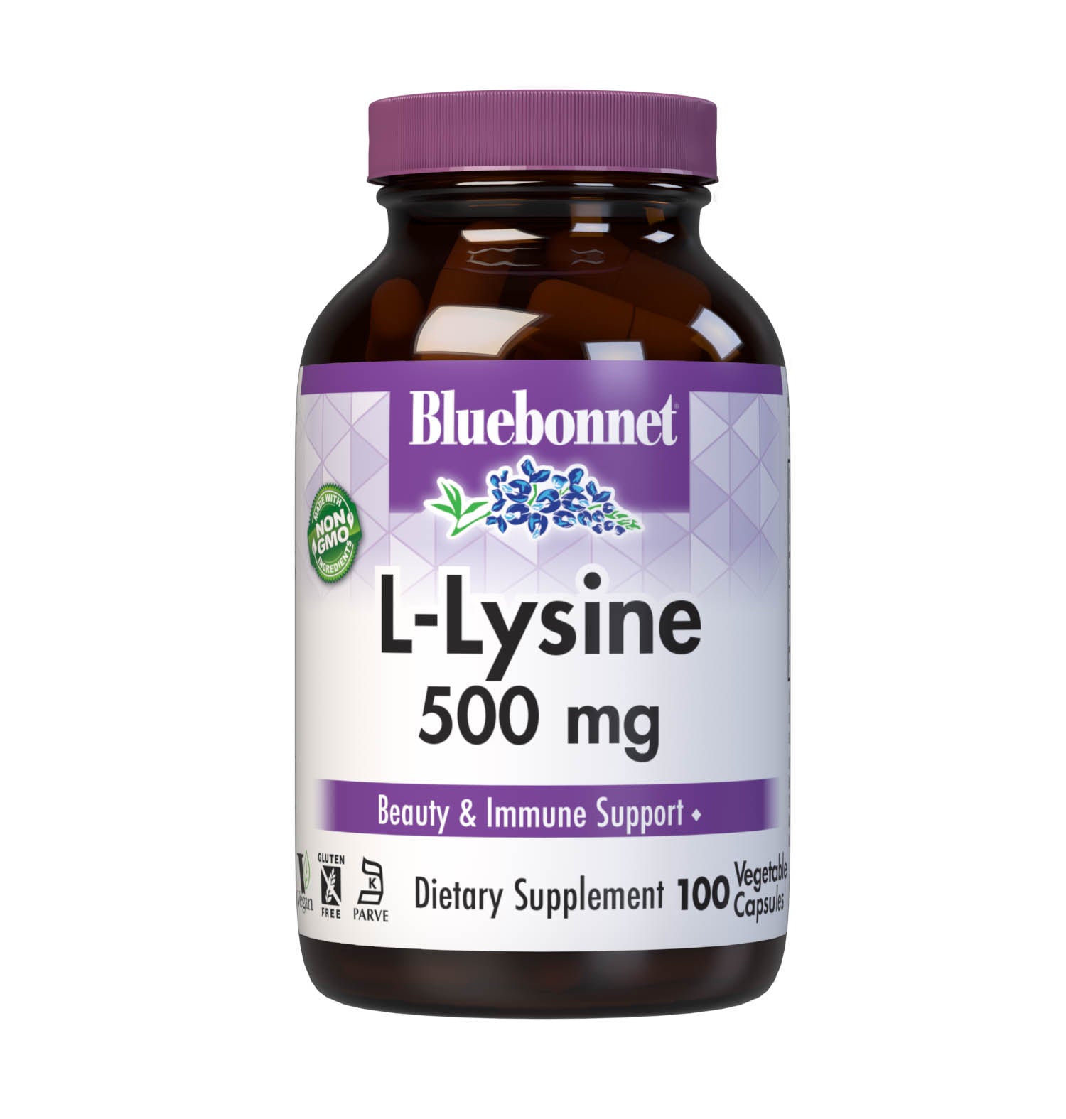 Bluebonnet’s L-Lysine 500 mg 100 vegetable capsules are formulated with the free-form amino acid L-lysine HCI in its crystalline form from Ajinomoto to help support immune function and collagen synthesis. #size_100 count