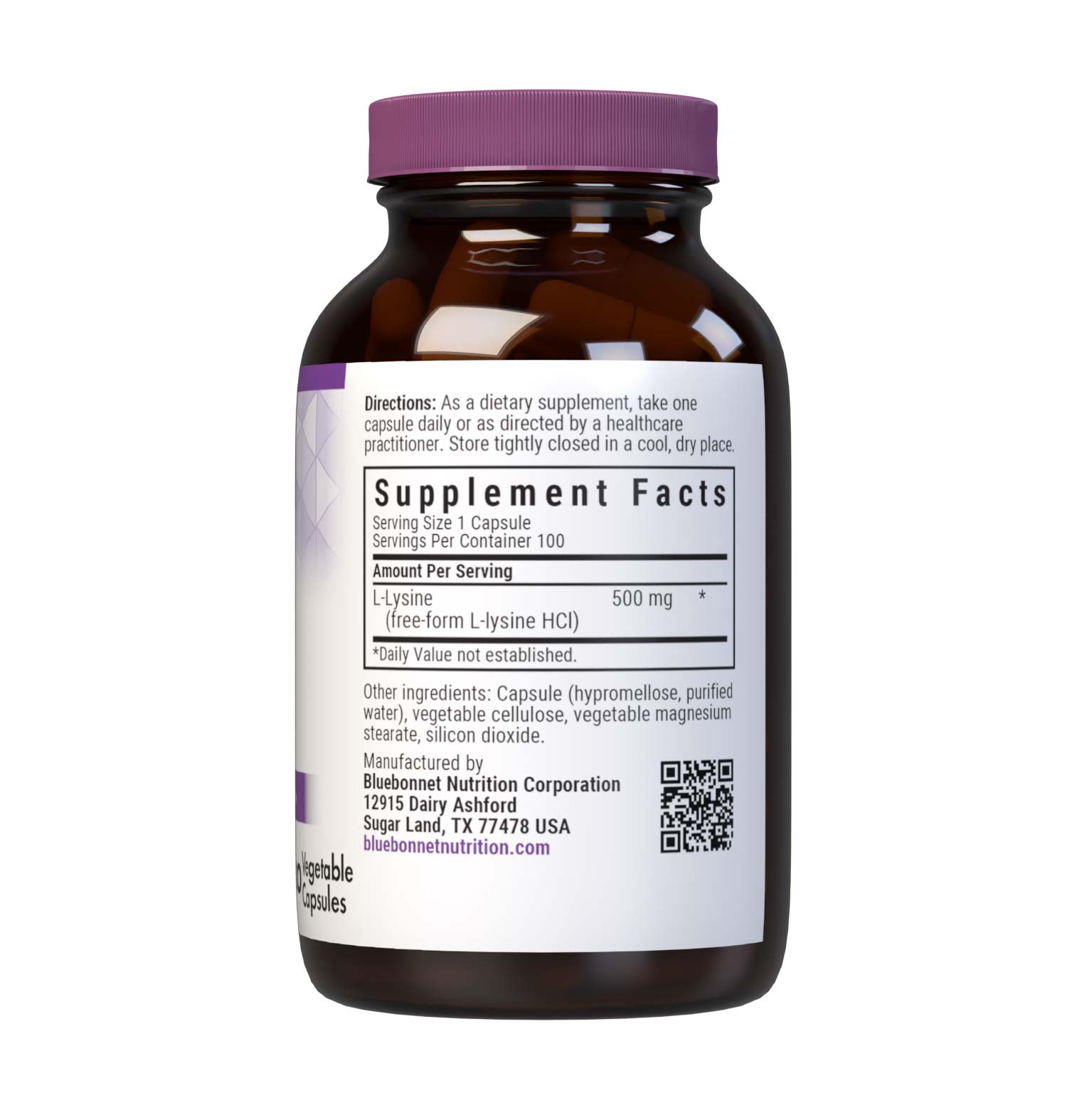 Bluebonnet’s L-Lysine 500 mg 100 vegetable capsules are formulated with the free-form amino acid L-lysine HCI in its crystalline form from Ajinomoto to help support immune function and collagen synthesis. Supplement facts panel. #size_100 count