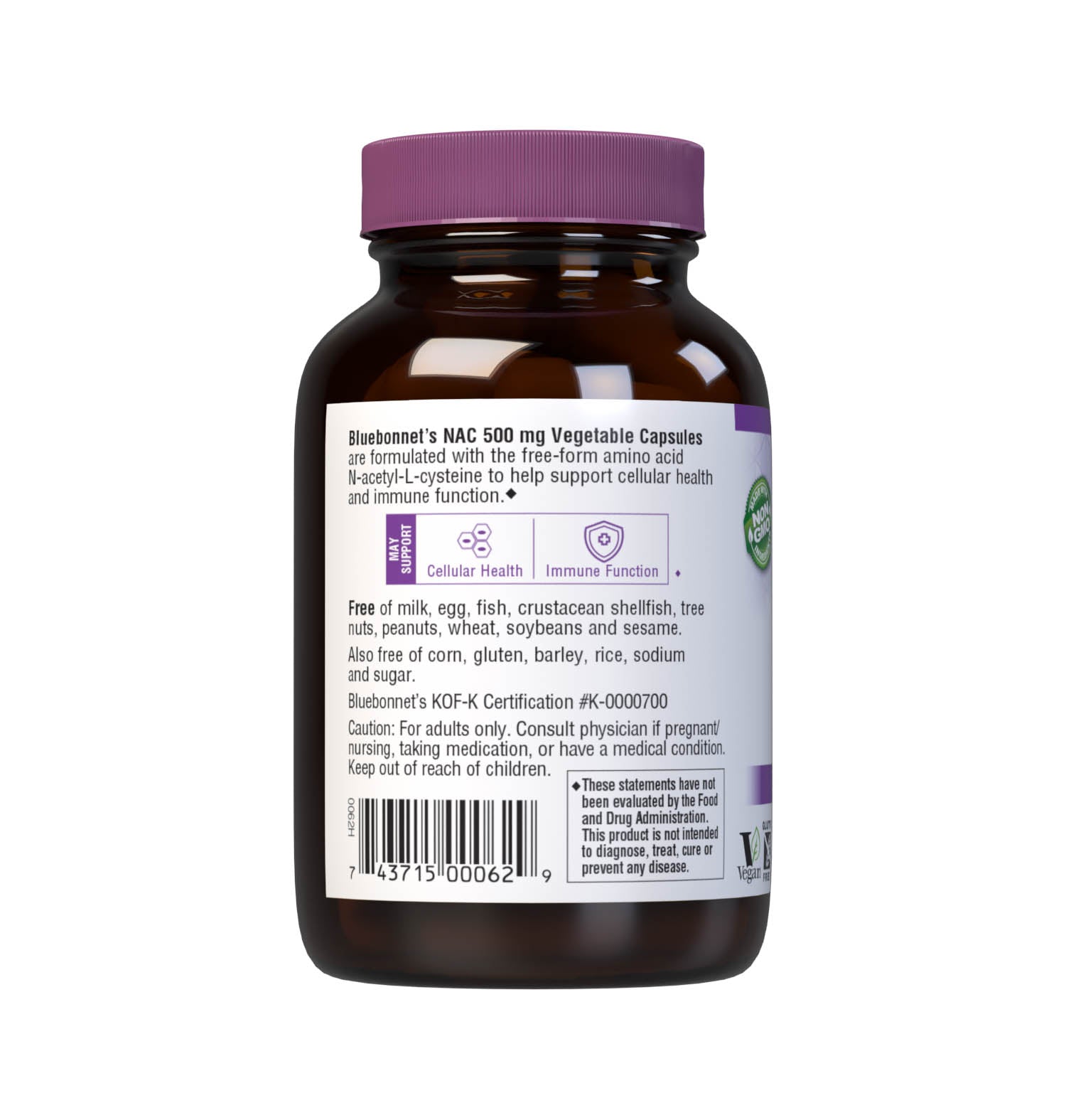 Bluebonnet’s NAC 500 mg 30 vegetable capsules are formulated with the free-form amino acid N-acetyl-cysteine in its crystalline form to help support cellular health and immune function. Description panel. #size_30 count