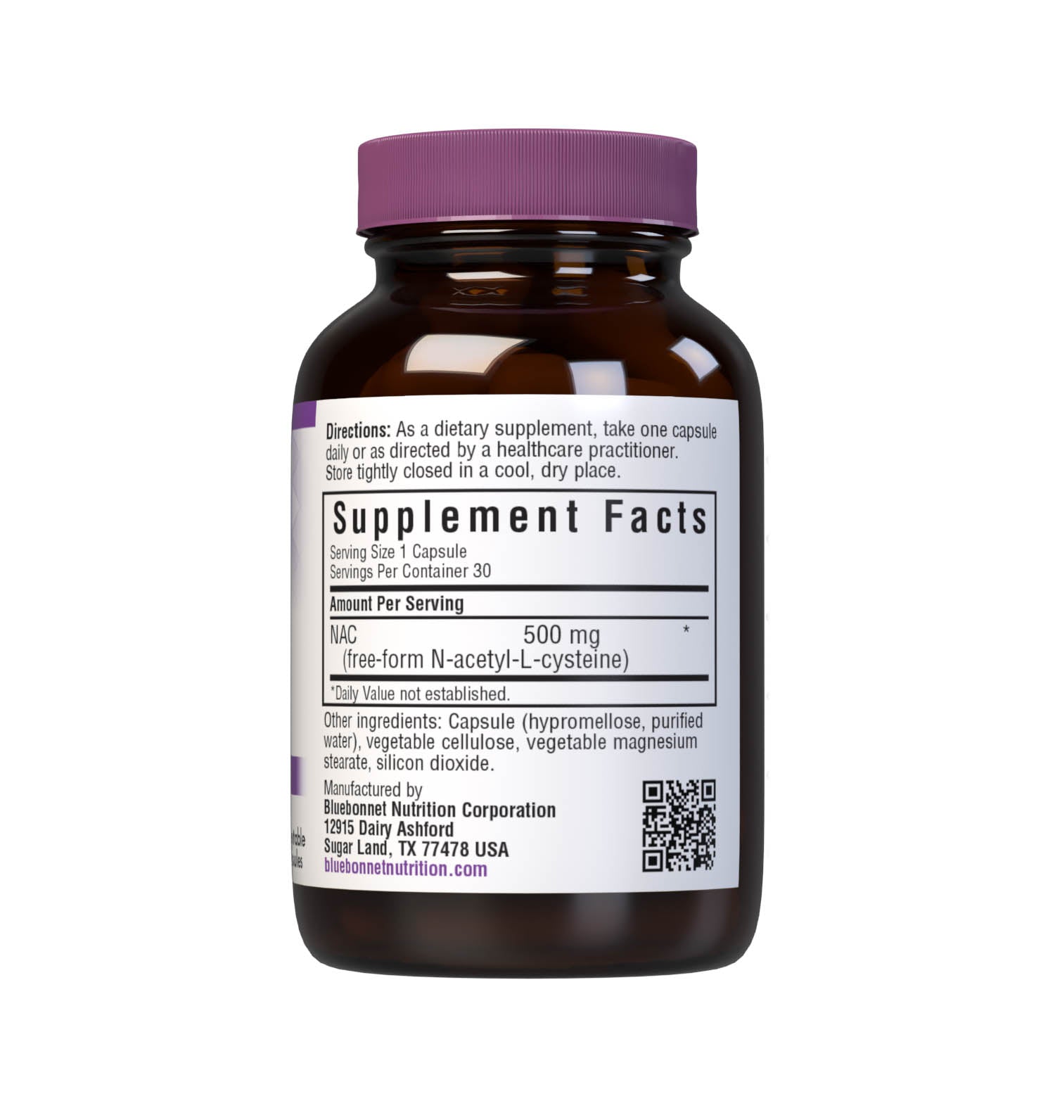 Bluebonnet’s NAC 500 mg 30 vegetable capsules are formulated with the free-form amino acid N-acetyl-cysteine in its crystalline form to help support cellular health and immune function. Supplement facts panel. #size_30 count