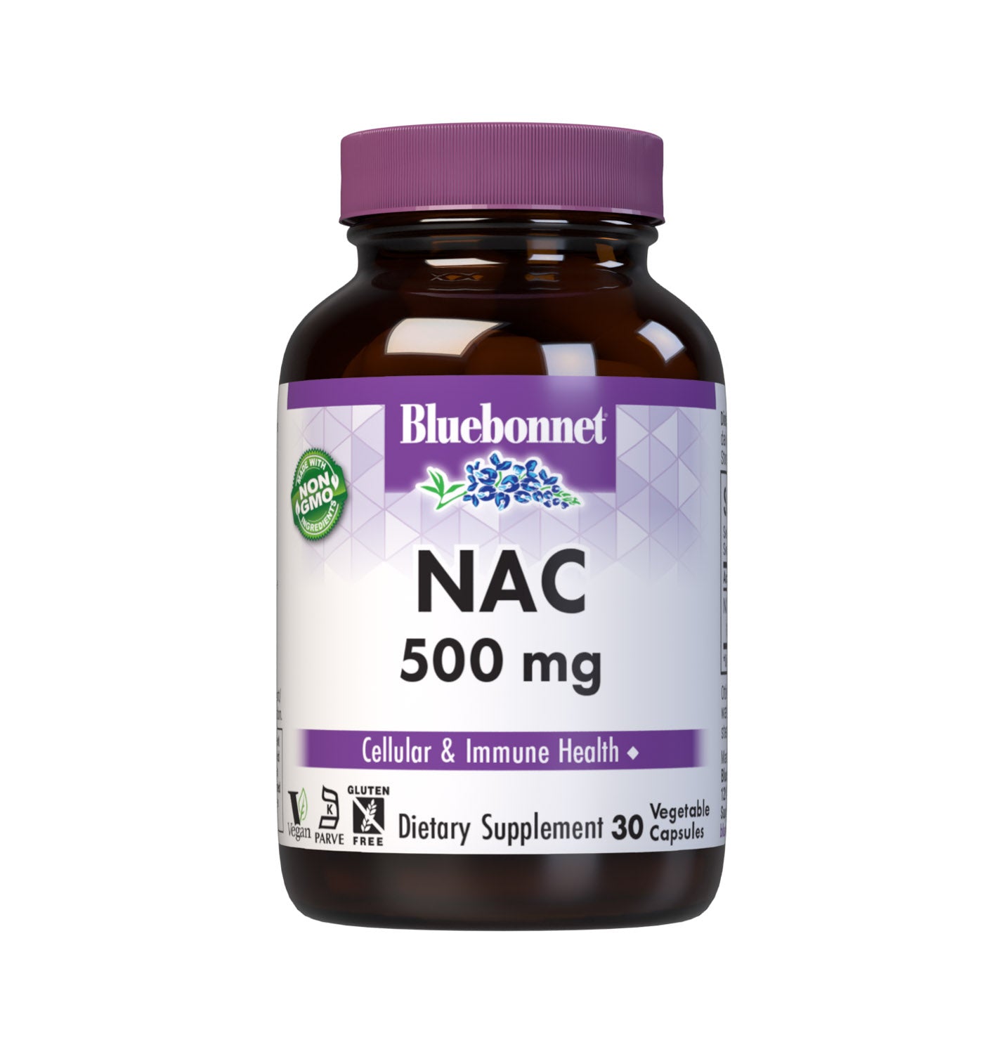 Bluebonnet’s NAC 500 mg 30 vegetable capsules are formulated with the free-form amino acid N-acetyl-cysteine in its crystalline form to help support cellular health and immune function. #size_30 count