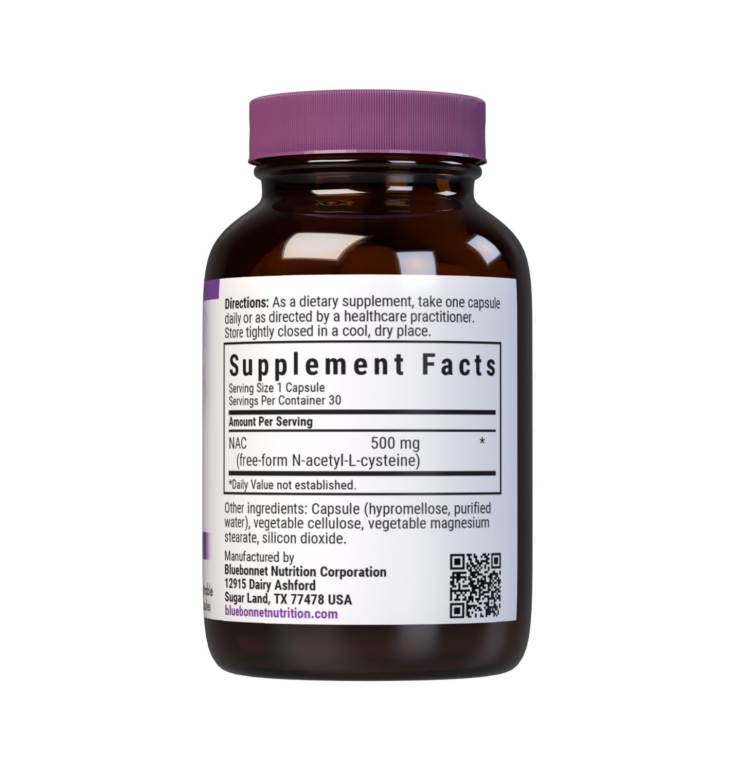 Bluebonnet’s NAC 500 mg 30 vegetable capsules are formulated with the free-form amino acid N-acetyl-cysteine in its crystalline form to help support cellular health and immune function. Supplement facts panel. #size_30 count