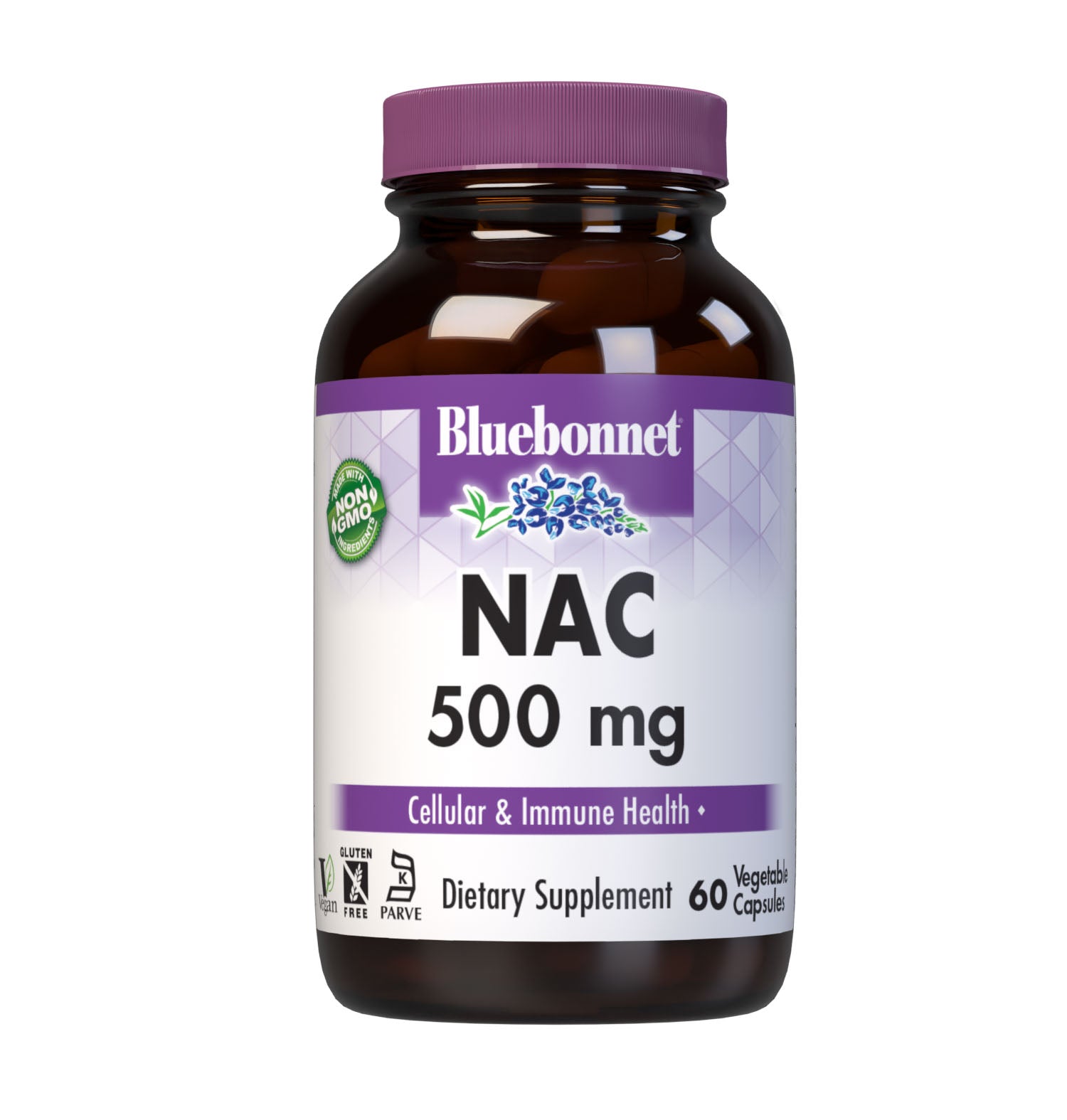 Bluebonnet’s NAC 500 mg 60 vegetable capsules are formulated with the free-form amino acid N-acetyl-cysteine in its crystalline form to help support cellular health and immune function. #size_60 count