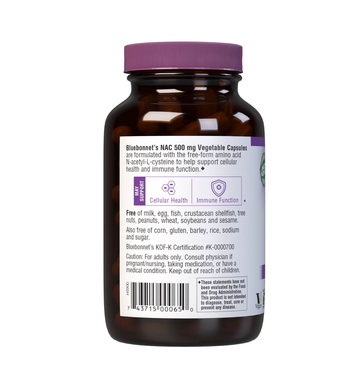 Bluebonnet’s NAC 500 mg 90 vegetable capsules are formulated with the free-form amino acid N-acetyl-cysteine in its crystalline form to help support cellular health and immune function. Description panel. #size_90 count