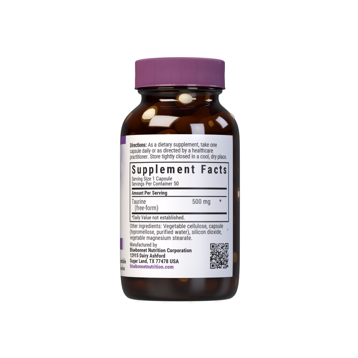 Bluebonnet’s Taurine 500 mg 50 Vegetable Capsules are formulated with the free-form amino acid taurine in its crystalline form from Ajinomoto to help support nervous system health. Supplement facts panel. #size_50 count