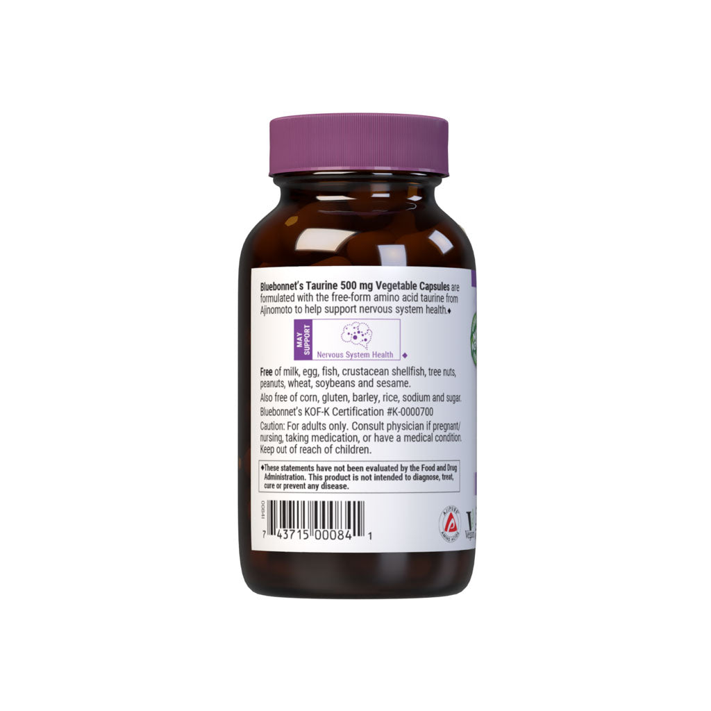 Bluebonnet’s Taurine 500 mg 50 Vegetable Capsules are formulated with the free-form amino acid taurine in its crystalline form from Ajinomoto to help support nervous system health. Description panel. #size_50 count