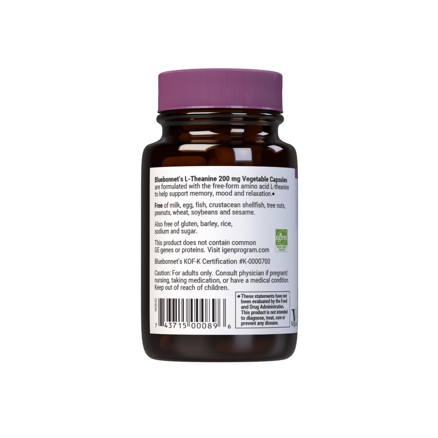 Bluebonnet L-Theanine 200 mg 30 Vegetable Capsules are formulated with the free-form amino acid L-theanine in its crystalline form, which may improve memory and learning as well as support an overall sense of relaxation. Description panel. #size_30 count