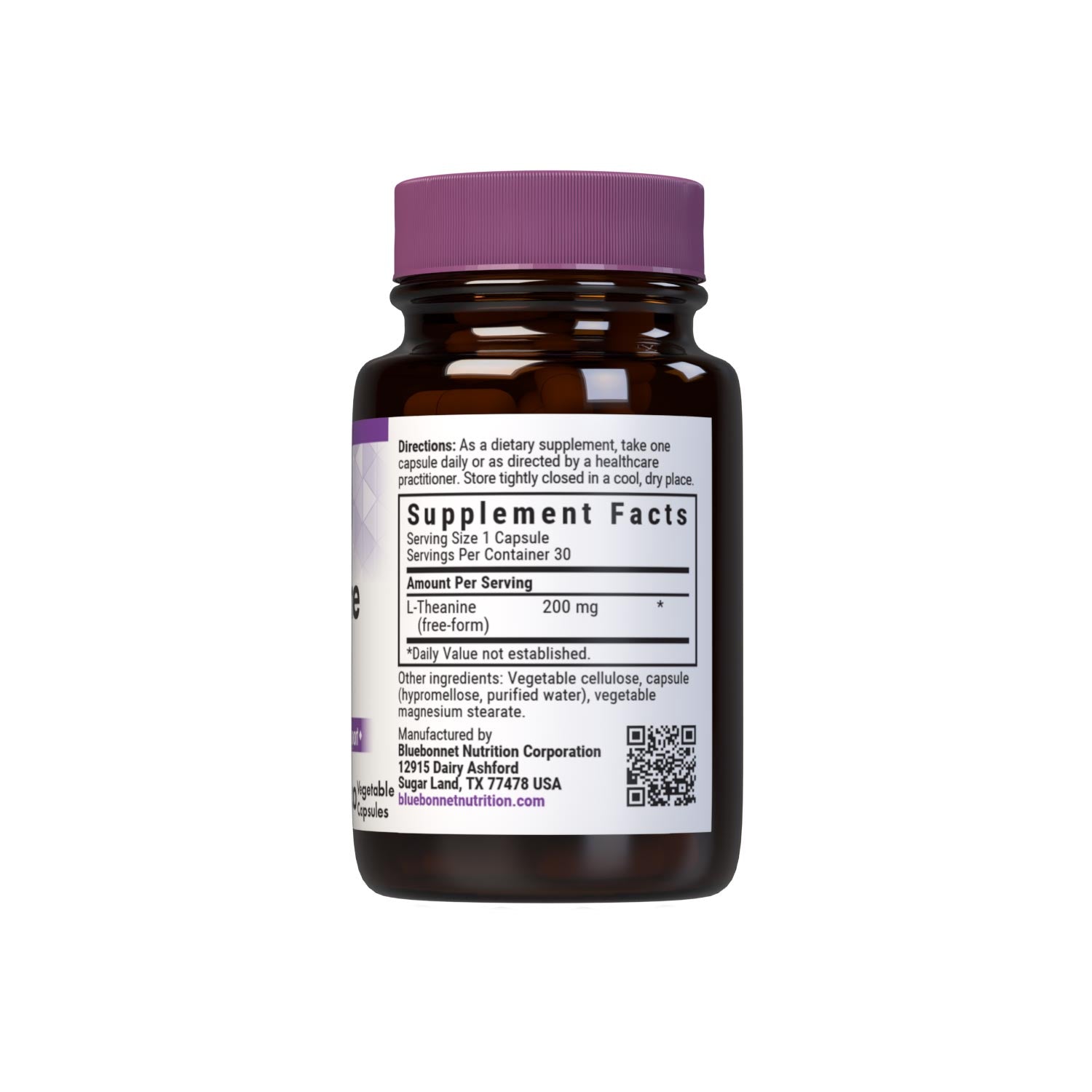 Bluebonnet L-Theanine 200 mg 30 Vegetable Capsules are formulated with the free-form amino acid L-theanine in its crystalline form, which may improve memory and learning as well as support an overall sense of relaxation. Supplement facts panel. #size_30 count