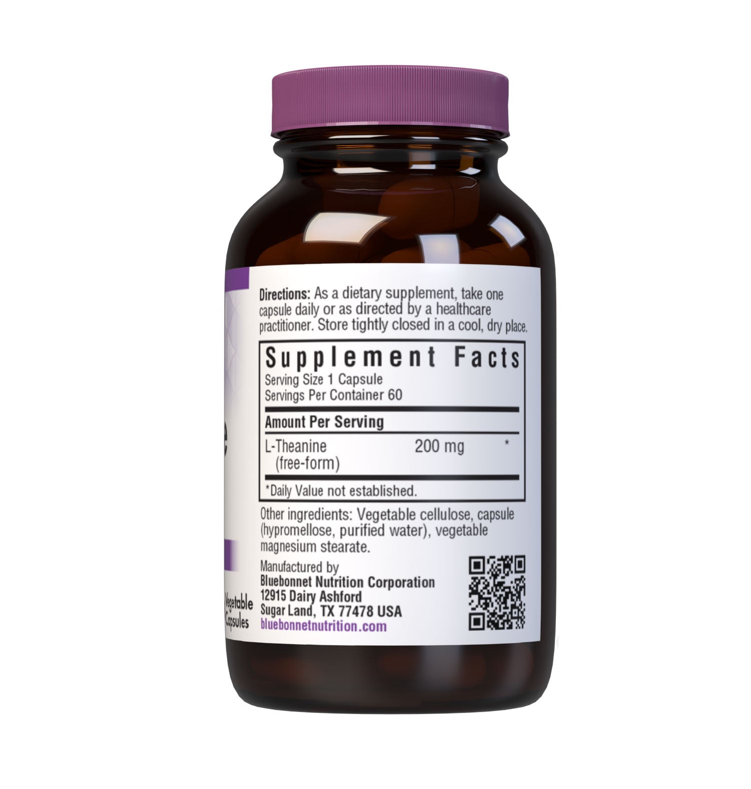 Bluebonnet L-Theanine 200 mg 60 Vegetable Capsules are formulated with the free-form amino acid L-theanine in its crystalline form, which may improve memory and learning as well as support an overall sense of relaxation. Supplement facts panel. #size_60 count