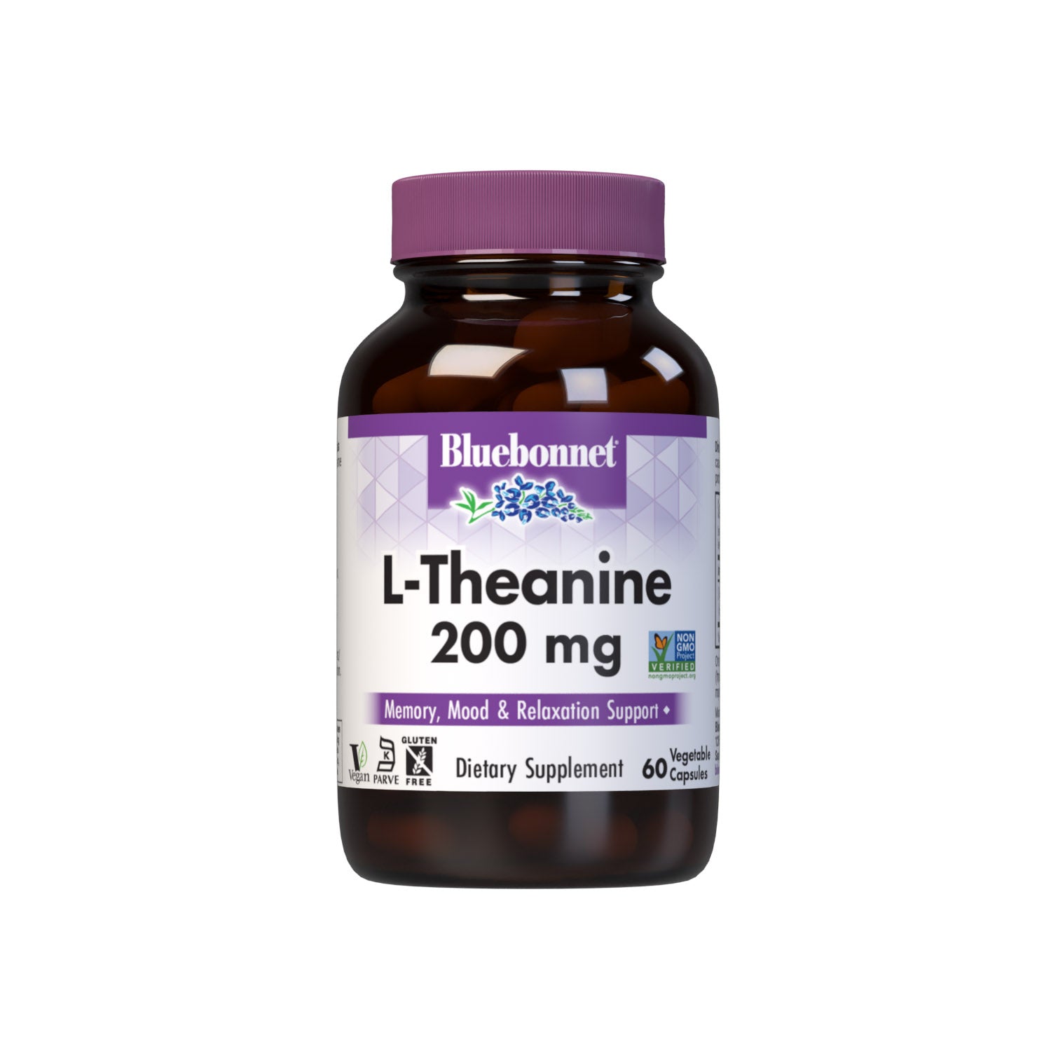 Bluebonnet L-Theanine 200 mg 60 Vegetable Capsules are formulated with the free-form amino acid L-theanine in its crystalline form, which may improve memory and learning as well as support an overall sense of relaxation. #size_60 count