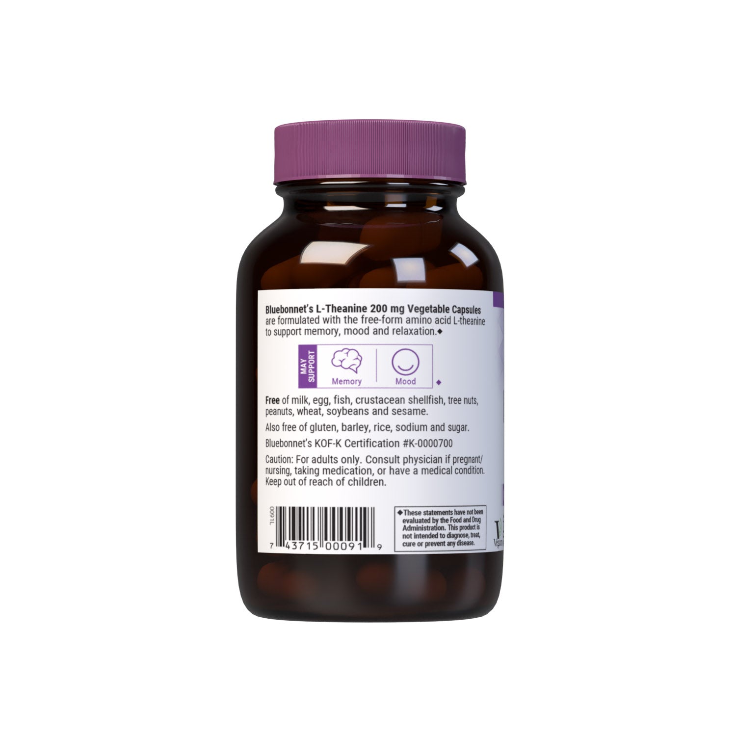 Bluebonnet L-Theanine 200 mg 60 Vegetable Capsules are formulated with the free-form amino acid L-theanine in its crystalline form, which may improve memory and learning as well as support an overall sense of relaxation. Description panel. #size_60 count