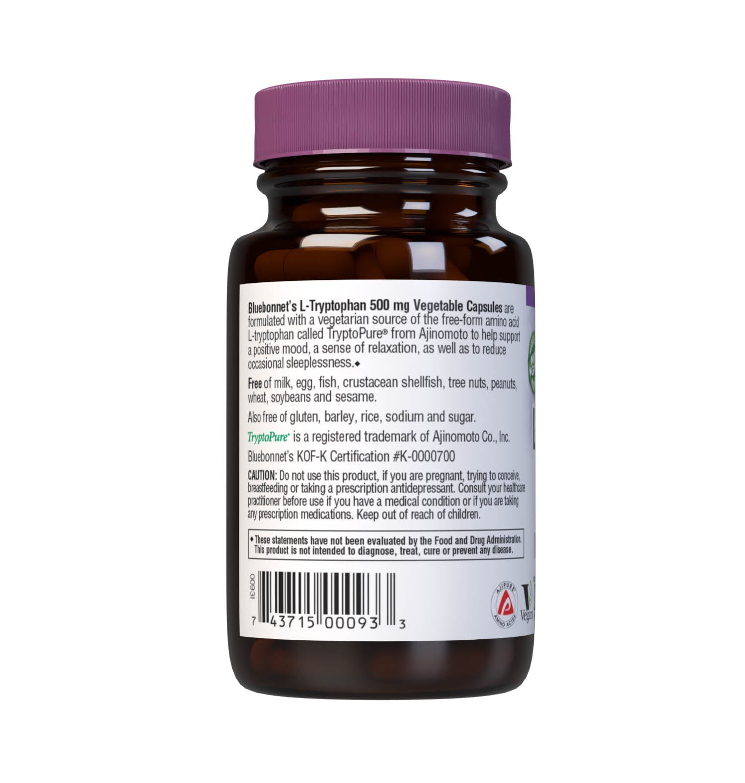 Bluebonnet’s L-Tryptophan 500 mg 30 Vegetable Capsules are formulated with a vegetarian source of the free-form amino acid L-tryptophan called TryptoPure from Ajinomoto to help support a positive mood, a sense of relaxation, as well as to reduce occasional sleeplessness. Description panel. #size_30 count