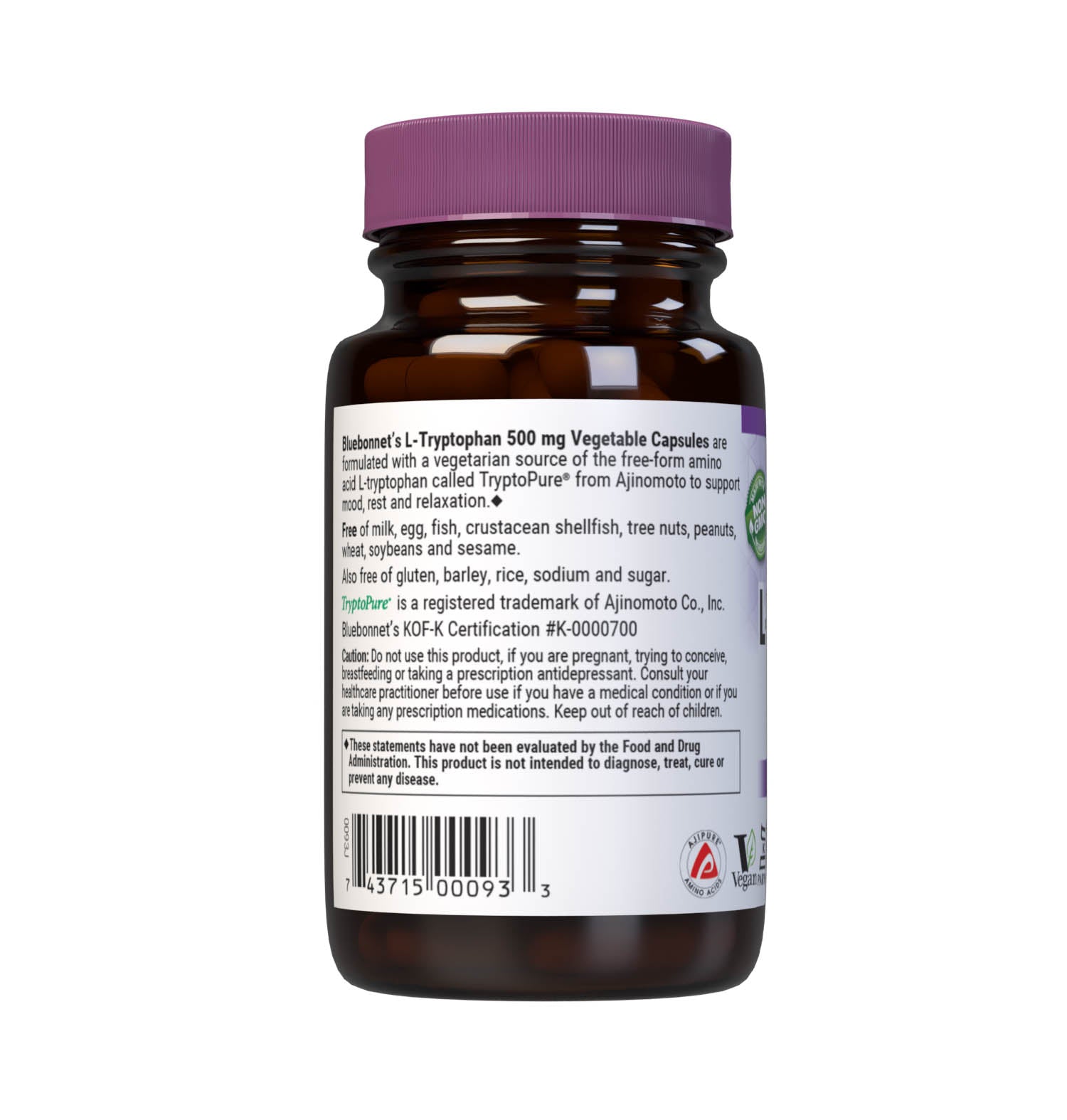 Bluebonnet’s L-Tryptophan 500 mg 30 Vegetable Capsules are formulated with a vegetarian source of the free-form amino acid L-tryptophan called TryptoPure from Ajinomoto to help support a positive mood, a sense of relaxation, as well as to reduce occasional sleeplessness. Description panel. #size_30 count