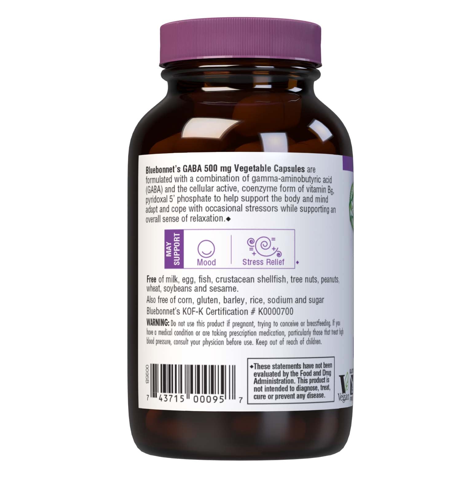 Bluebonnet’s GABA 500 mg 60 Vegetable Capsules are specially formulated to help the body and mind adapt and cope with occasional stressors while supporting an overall sense of relaxation utilizing a combination of gamma-aminobutyric acid (GABA) and the cellular active, coenzyme form of vitamin B6, pyridoxal 5’ phosphate. Description panel. #size_60 count