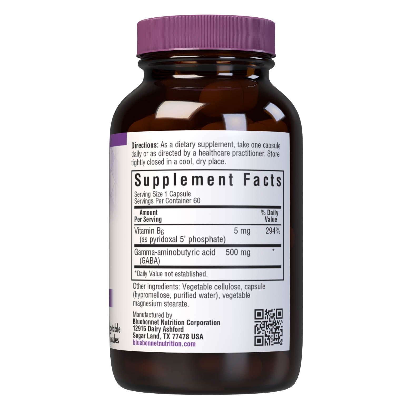 Bluebonnet’s GABA 500 mg 60 Vegetable Capsules are specially formulated to help the body and mind adapt and cope with occasional stressors while supporting an overall sense of relaxation utilizing a combination of gamma-aminobutyric acid (GABA) and the cellular active, coenzyme form of vitamin B6, pyridoxal 5’ phosphate. Supplement facts panel. #size_60 count