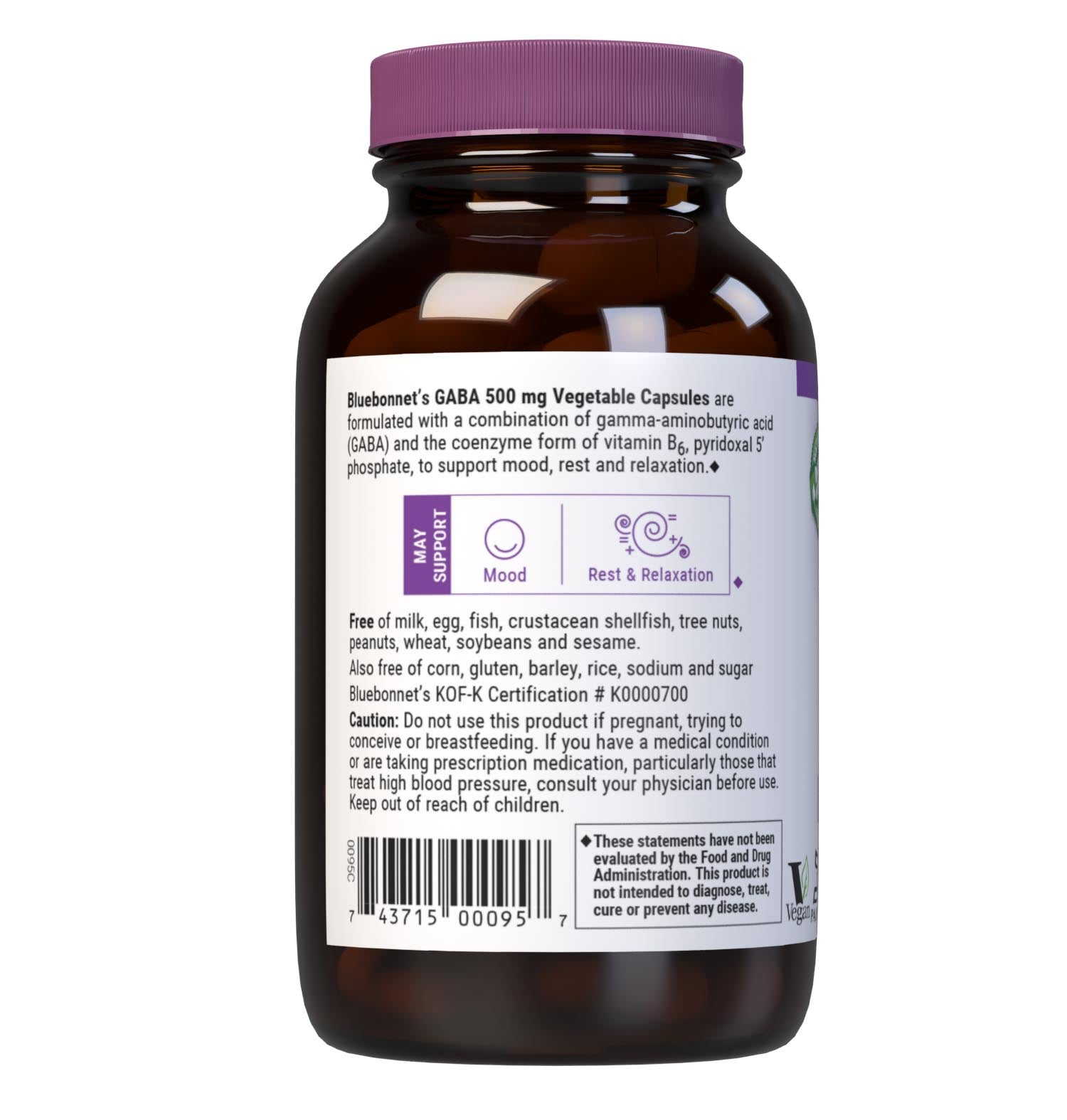 Bluebonnet’s GABA 500 mg 60 Vegetable Capsules are specially formulated to help the body and mind adapt and cope with occasional stressors while supporting an overall sense of relaxation utilizing a combination of gamma-aminobutyric acid (GABA) and the cellular active, coenzyme form of vitamin B6, pyridoxal 5’ phosphate. Description panel. #size_60 count