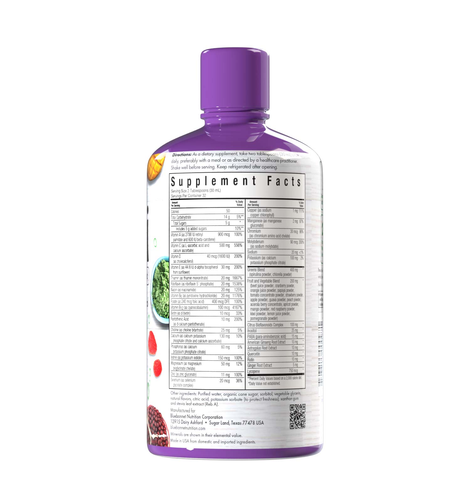 Bluebonnet’s Liquid Super Earth® Multinutrient Formula is bursting with over 25 crucial vitamins, minerals and antioxidants and more than 28 important plant-based nutrients from the foods you should eat every day, such as American ginseng, astragalus, quercetin, rutin and ginger, health-promoting greens like spirulina and chlorella and phytonutrient super fruits and vegetables like beets, mango, cranberry, acerola and pomegranate. Supplement facts panel. #size_32 fl oz