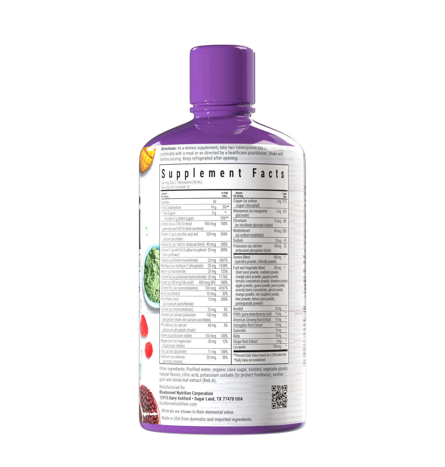 Bluebonnet’s Liquid Super Earth® Multinutrient Formula is bursting with over 25 crucial vitamins, minerals and antioxidants and more than 28 important plant-based nutrients from the foods you should eat every day, such as American ginseng, astragalus, quercetin, rutin and ginger, health-promoting greens like spirulina and chlorella and phytonutrient super fruits and vegetables like beets, mango, cranberry, acerola and pomegranate. Supplement facts panel. #size_32 fl oz