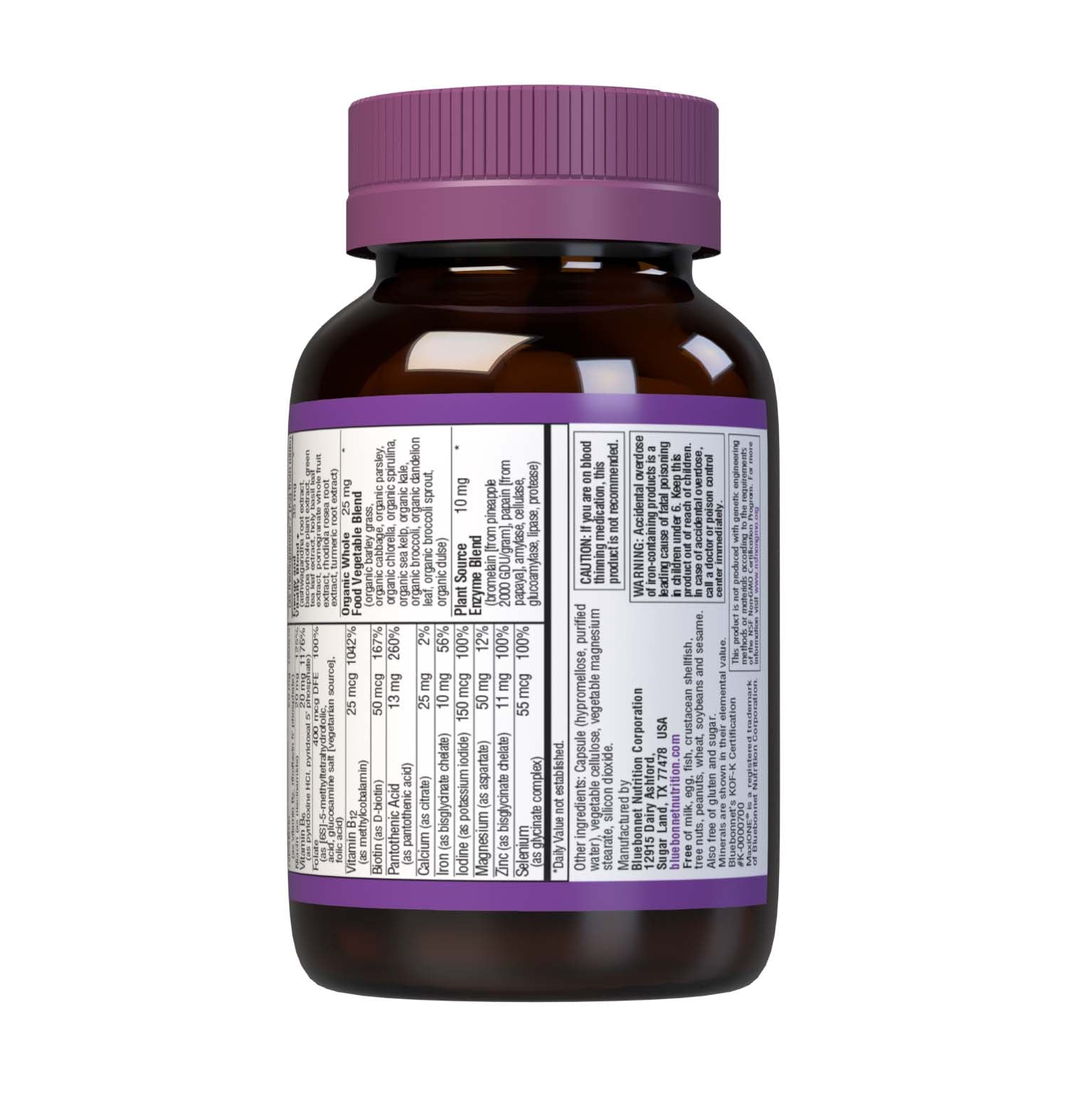 Bluebonnet’s Maxi ONE formula 30 Vegetable Capsules is a higher potency, single daily multivitamin and multimineral dietary supplement in a capsule and is formulated with highly efficient patented Albion chelated minerals, vitamin K2 from natto, select coenzyme B vitamins along with energy & vitality, organic whole food, and plant source enzyme blends. Description panel. #size_30 count