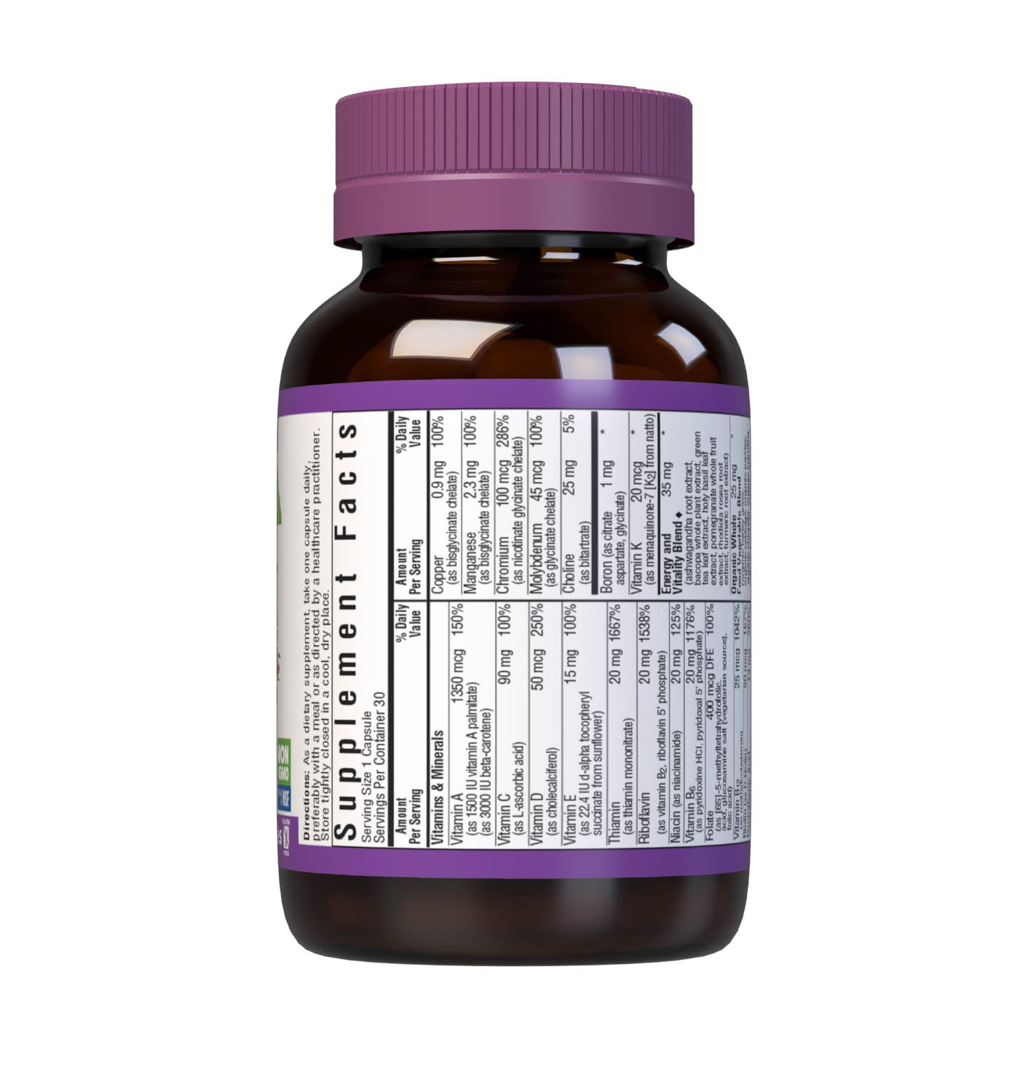 Bluebonnet’s Maxi ONE formula 30 Vegetable Capsules is a higher potency, single daily multivitamin and multimineral dietary supplement in a capsule and is formulated with highly efficient patented Albion chelated minerals, vitamin K2 from natto, select coenzyme B vitamins along with energy & vitality, organic whole food, and plant source enzyme blends. Supplement facts panel. #size_30 count