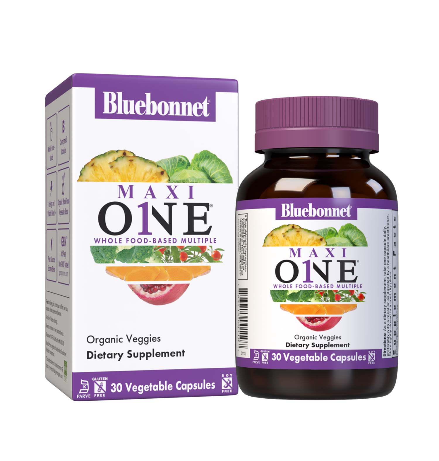 Bluebonnet’s Maxi ONE formula 30 Vegetable Capsules is a higher potency, single daily multivitamin and multimineral dietary supplement in a capsule and is formulated with highly efficient patented Albion chelated minerals, vitamin K2 from natto, select coenzyme B vitamins along with energy & vitality, organic whole food, and plant source enzyme blends. Bottle with box shot. #size_30 count