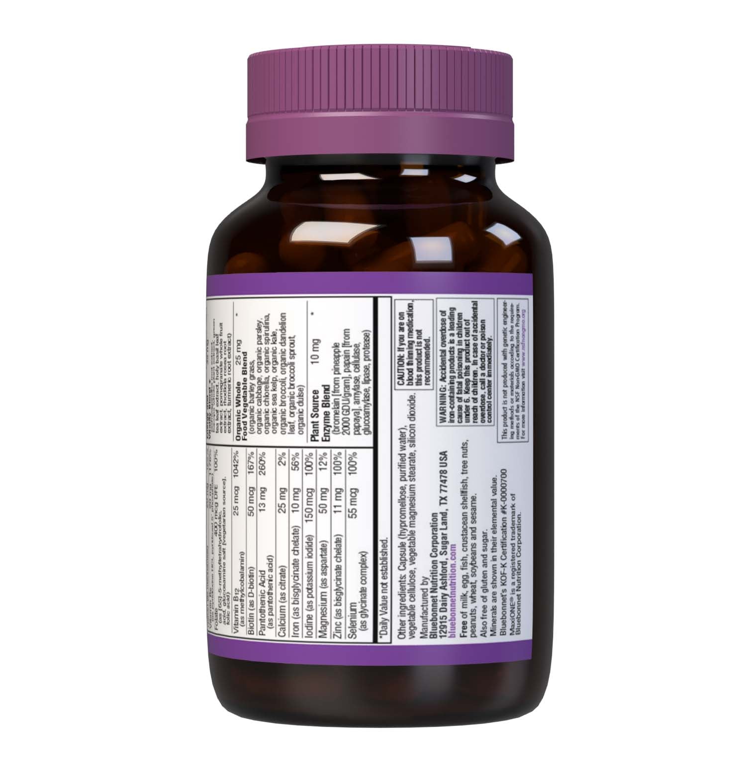 Bluebonnet’s Maxi ONE formula 60 Vegetable Capsules is a higher potency, single daily multivitamin and multimineral dietary supplement in a capsule and is formulated with highly efficient patented Albion chelated minerals, vitamin K2 from natto, select coenzyme B vitamins along with energy & vitality, organic whole food, and plant source enzyme blends. Description panel. #size_60 count