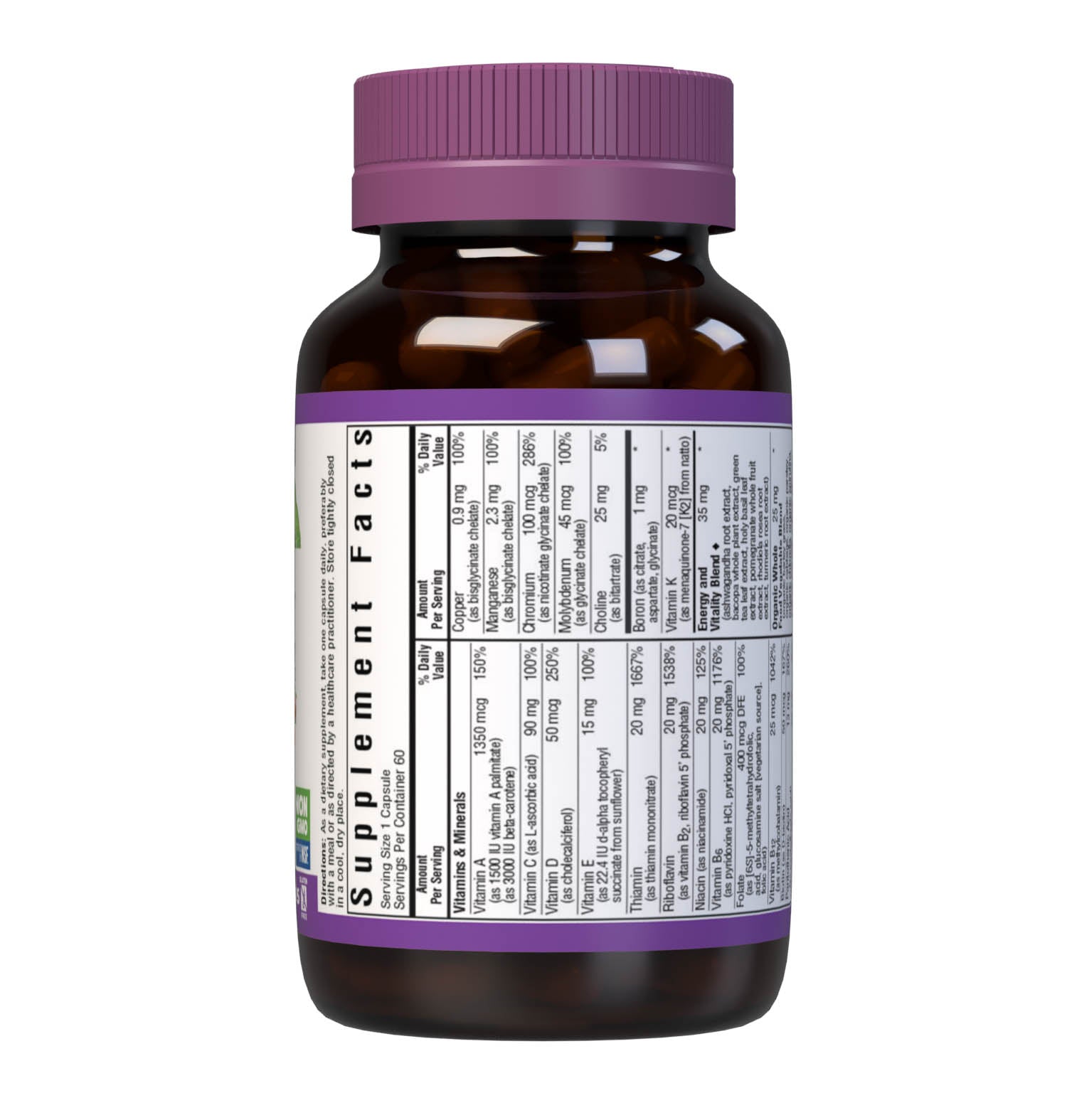 Bluebonnet’s Maxi ONE formula 60 Vegetable Capsules is a higher potency, single daily multivitamin and multimineral dietary supplement in a capsule and is formulated with highly efficient patented Albion chelated minerals, vitamin K2 from natto, select coenzyme B vitamins along with energy & vitality, organic whole food, and plant source enzyme blends. Supplement facts panel. #size_60 count