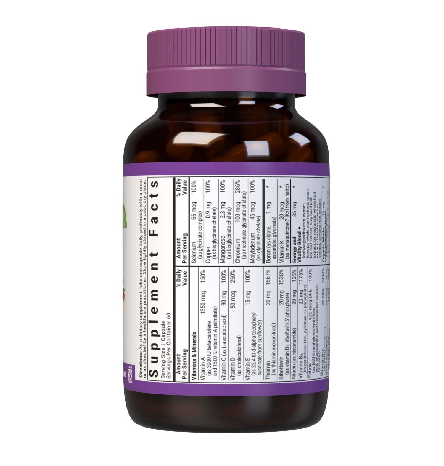 Bluebonnet’s Maxi ONE formula 60 Vegetable Capsules is a higher potency, single daily multivitamin and multimineral dietary supplement in a capsule and is formulated with highly efficient patented Albion chelated minerals, vitamin K2 from natto, select coenzyme B vitamins along with energy & vitality, organic whole food, and plant source enzyme blends. Supplement facts panel - top part. #size_60 count
