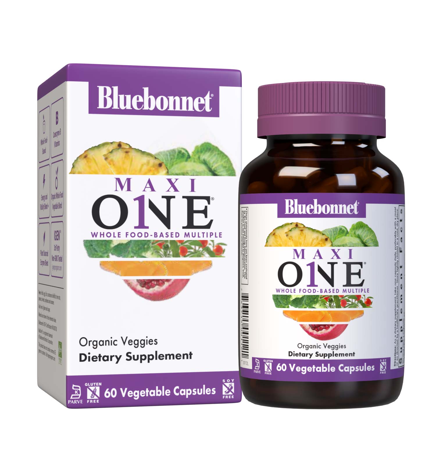 Bluebonnet’s Maxi ONE formula 60 Vegetable Capsules is a higher potency, single daily multivitamin and multimineral dietary supplement in a capsule and is formulated with highly efficient patented Albion chelated minerals, vitamin K2 from natto, select coenzyme B vitamins along with energy & vitality, organic whole food, and plant source enzyme blends. Bottle with box shot. #size_60 count