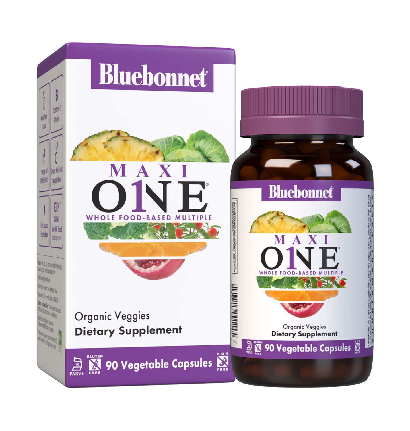 Bluebonnet’s Maxi ONE formula 90 Vegetable Capsules is a higher potency, single daily multivitamin and multimineral dietary supplement in a capsule and is formulated with highly efficient patented Albion chelated minerals, vitamin K2 from natto, select coenzyme B vitamins along with energy & vitality, organic whole food, and plant source enzyme blends. Bottle with box. #size_90 count