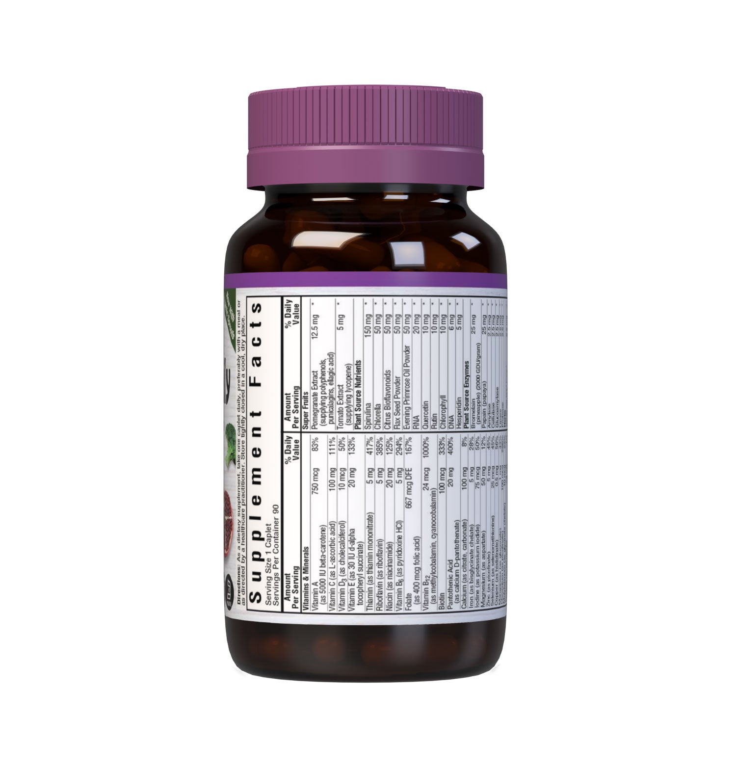 SingleDaily Multiple (With Free) 90 caplets whole food-based formula offers essential vitamins, minerals and enzymes from unique, kosher-certified, plant-based ingredients, such as adaptogenic and immune-boosting herbs, greens from nutrient-dense spirulina, chlorella and chlorophyll, lycopene from tomatoes and potent anti-aging antioxidants from pomegranate fruit. Supplement facts panel 1. #size_90 count