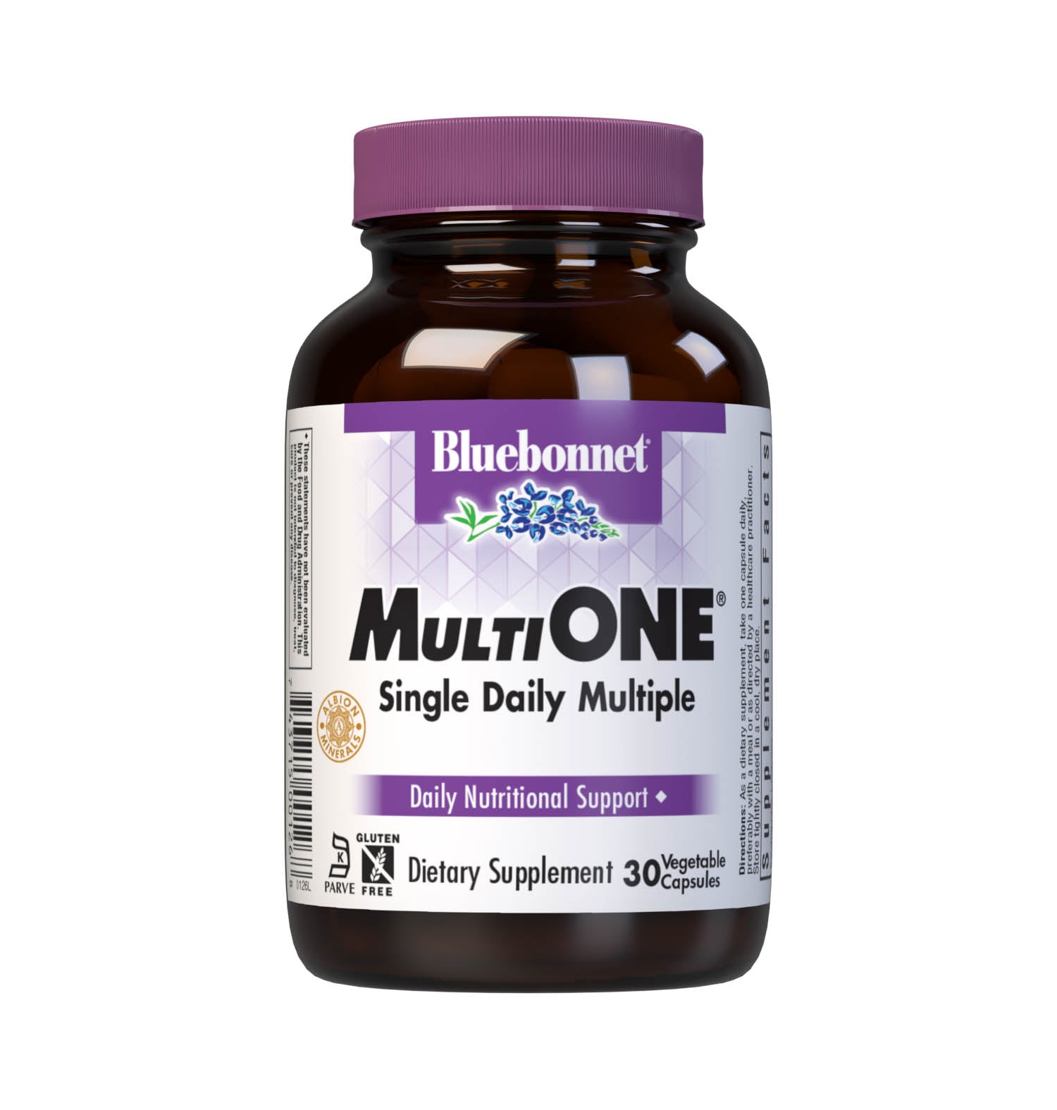 Bluebonnet’s Multi One Formula 30 Vegetable Capsules is a single daily multivitamin and multimineral dietary supplement in an easy-to-swallow, two-piece vegetable capsule and is formulated with highly efficient, patented Albion chelated minerals and popular carotenoids, such as beta carotene and FloraGLO lutein from marigold extract. #size_30 count