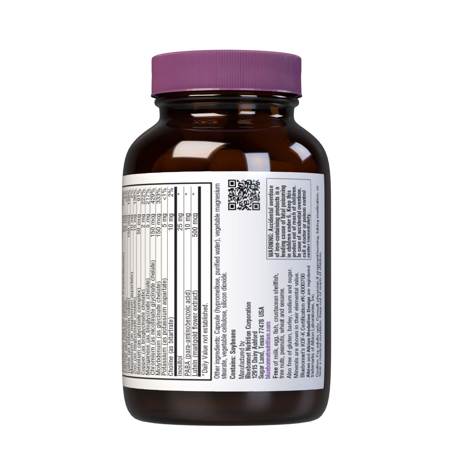 Bluebonnet’s Multi One Formula 30 Vegetable Capsules is a single daily multivitamin and multimineral dietary supplement in an easy-to-swallow, two-piece vegetable capsule and is formulated with highly efficient, patented Albion chelated minerals and popular carotenoids, such as beta carotene and FloraGLO lutein from marigold extract. Description panel. #size_30 count