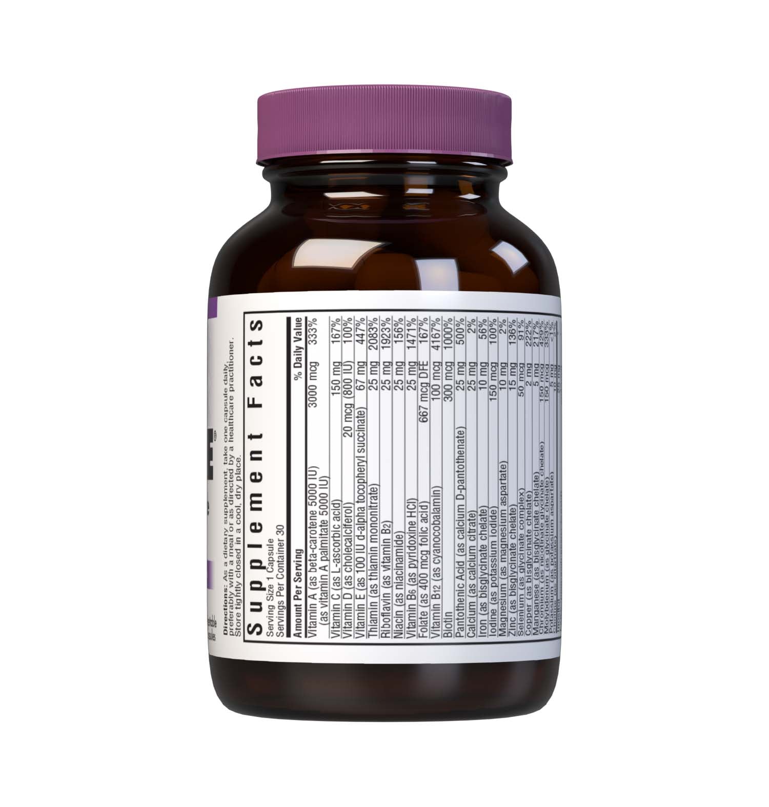 Bluebonnet’s Multi One Formula 30 Vegetable Capsules is a single daily multivitamin and multimineral dietary supplement in an easy-to-swallow, two-piece vegetable capsule and is formulated with highly efficient, patented Albion chelated minerals and popular carotenoids, such as beta carotene and FloraGLO lutein from marigold extract. Supplement facts panel. #size_30 count