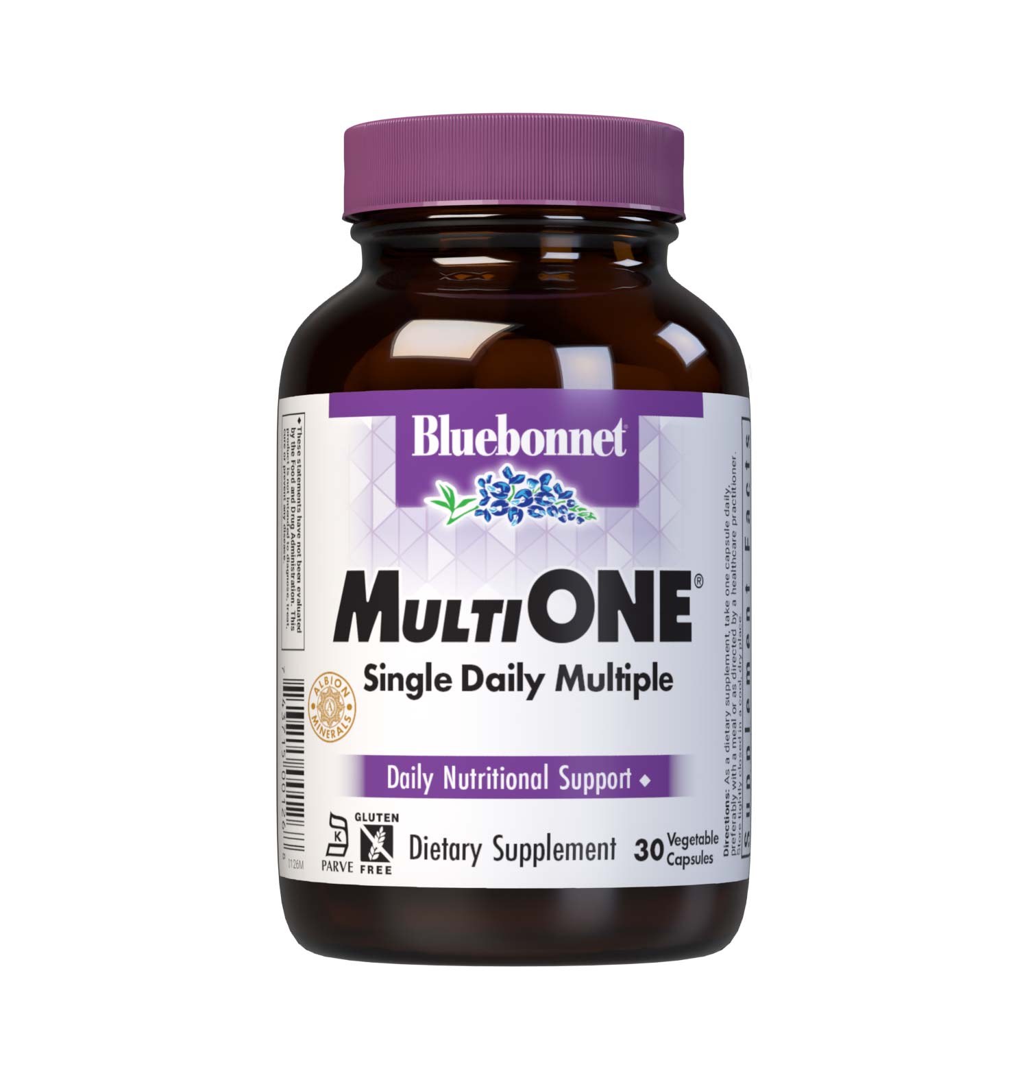Bluebonnet’s Multi One Formula 30 Vegetable Capsules is a single daily multivitamin and multimineral dietary supplement in an easy-to-swallow, two-piece vegetable capsule and is formulated with highly efficient, patented Albion chelated minerals and popular carotenoids, such as beta carotene and FloraGLO lutein from marigold extract. #Size+Iron_30 count (with Iron)