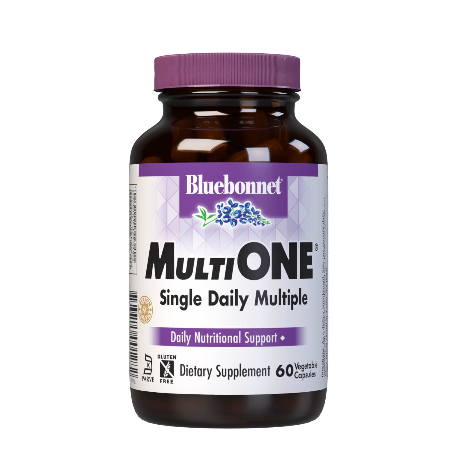 Bluebonnet’s Multi One Formula 60 Vegetable Capsules is a single daily multivitamin and multimineral dietary supplement in an easy-to-swallow, two-piece vegetable capsule and is formulated with highly efficient, patented Albion chelated minerals and popular carotenoids, such as beta carotene and FloraGLO lutein from marigold extract. #size_60 count