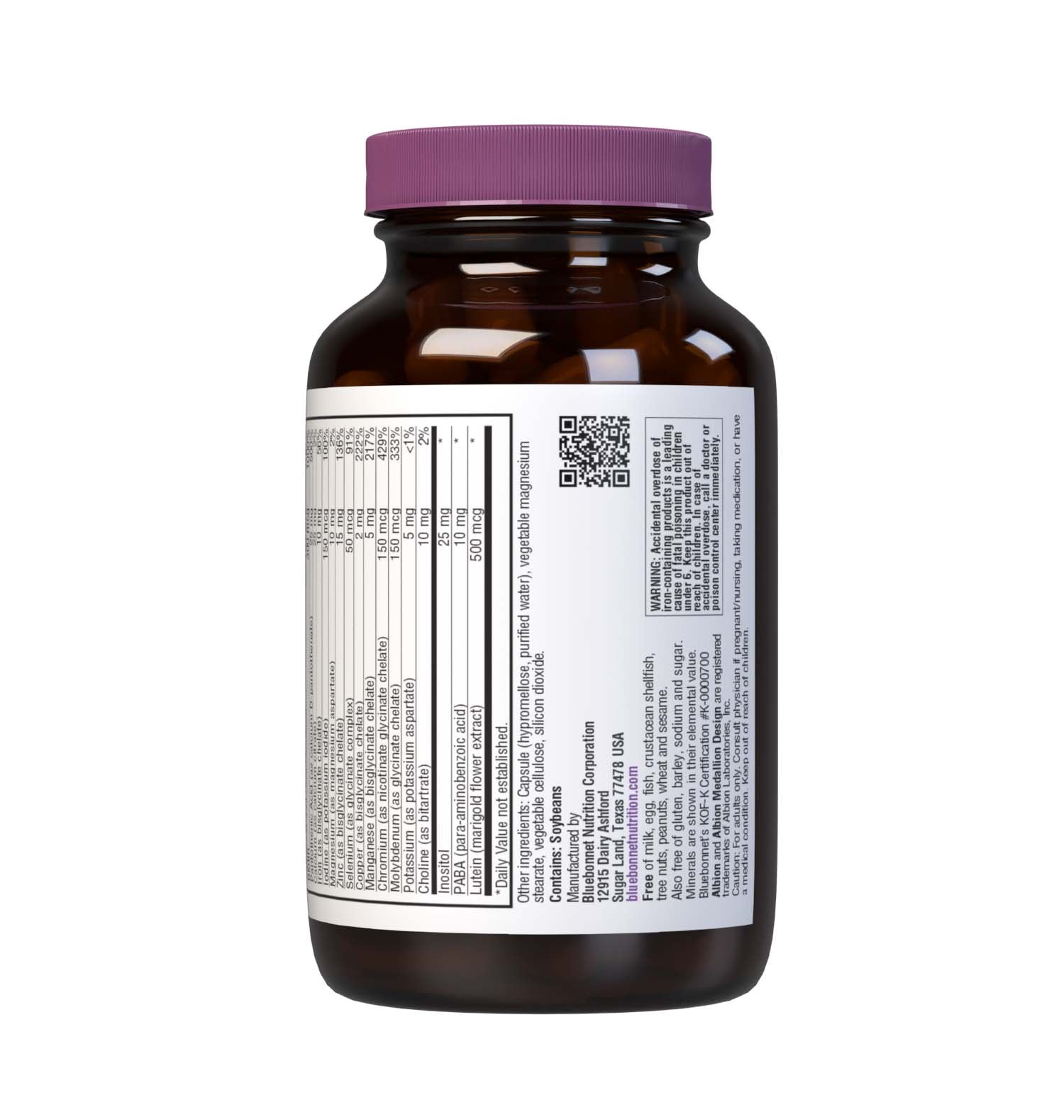 Bluebonnet’s Multi One Formula 60 Vegetable Capsules is a single daily multivitamin and multimineral dietary supplement in an easy-to-swallow, two-piece vegetable capsule and is formulated with highly efficient, patented Albion chelated minerals and popular carotenoids, such as beta carotene and FloraGLO lutein from marigold extract. Description panel #size_60 count