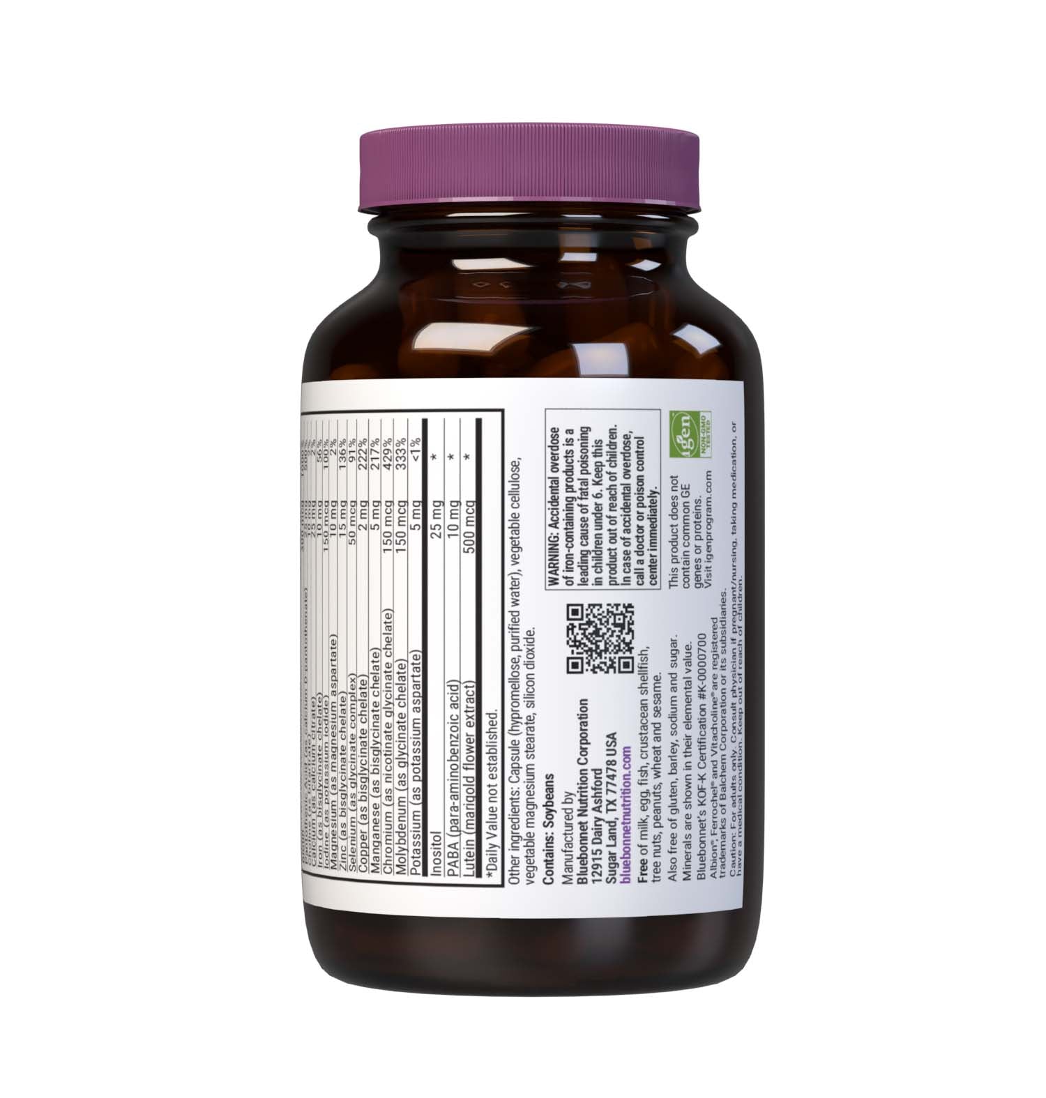 Bluebonnet’s Multi One Formula 30 Vegetable Capsules is a single daily multivitamin and multimineral dietary supplement in an easy-to-swallow, two-piece vegetable capsule and is formulated with highly efficient, patented Albion chelated minerals and popular carotenoids, such as beta carotene and FloraGLO lutein from marigold extract. Supplement facts panel bottom. #Size+Iron_60 count (with Iron)