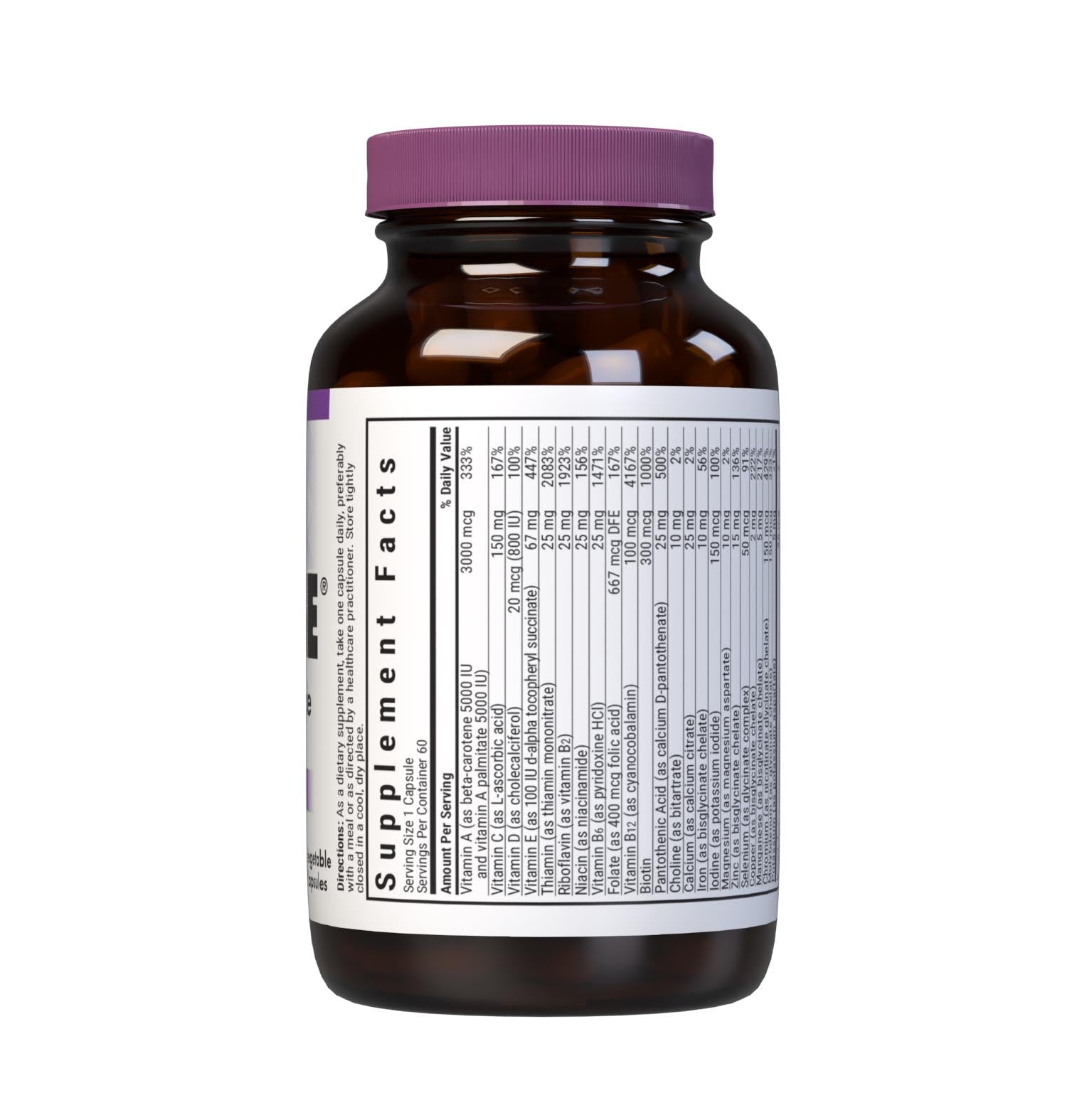 Bluebonnet’s Multi One Formula 30 Vegetable Capsules is a single daily multivitamin and multimineral dietary supplement in an easy-to-swallow, two-piece vegetable capsule and is formulated with highly efficient, patented Albion chelated minerals and popular carotenoids, such as beta carotene and FloraGLO lutein from marigold extract. Supplement facts panel top. #Size+Iron_60 count (with Iron)