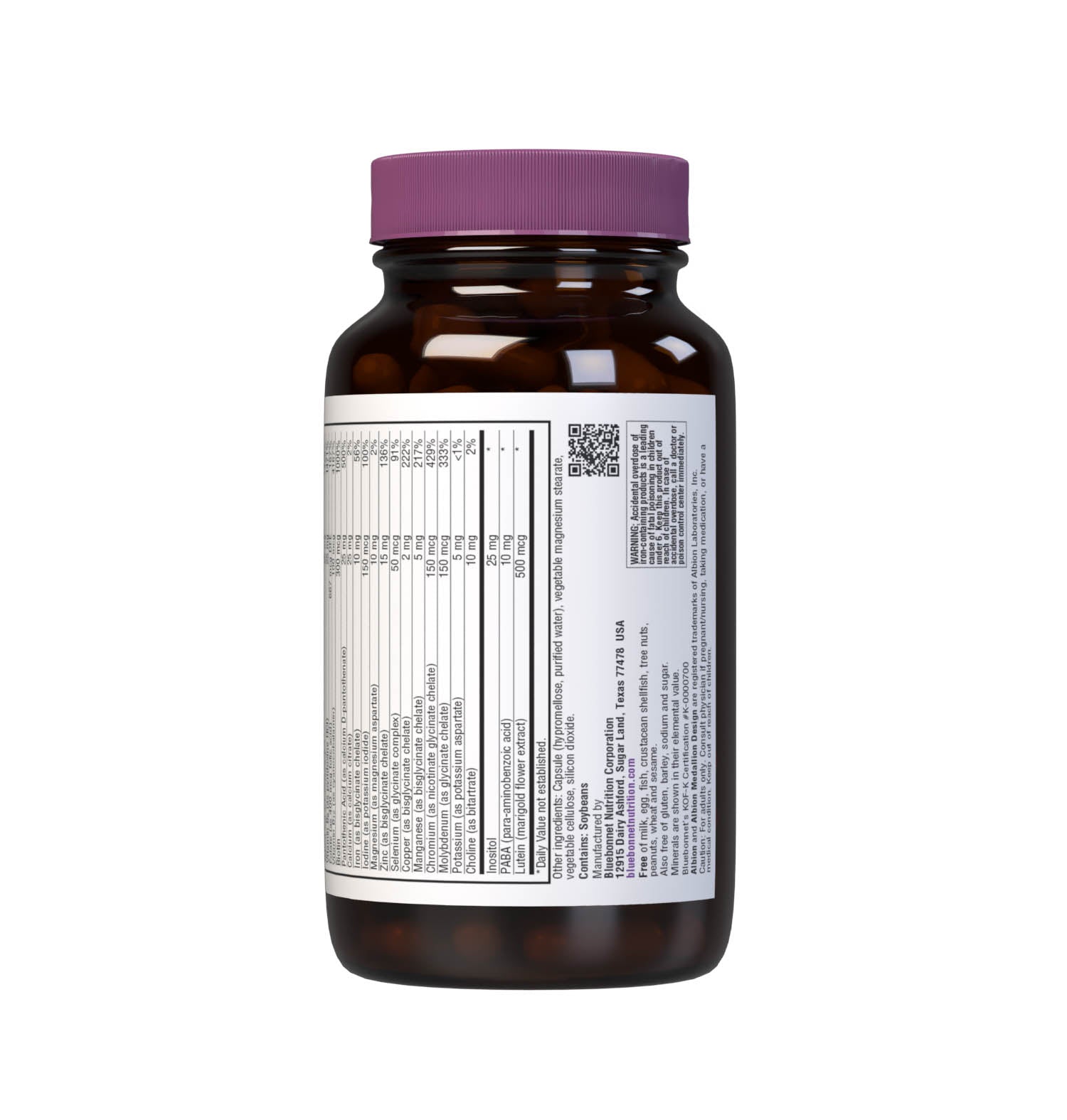 Bluebonnet’s Multi One Formula 90 Vegetable Capsules is a single daily multivitamin and multimineral dietary supplement in an easy-to-swallow, two-piece vegetable capsule and is formulated with highly efficient, patented Albion chelated minerals and popular carotenoids, such as beta carotene and FloraGLO lutein from marigold extract. Description panel. #size_90 count